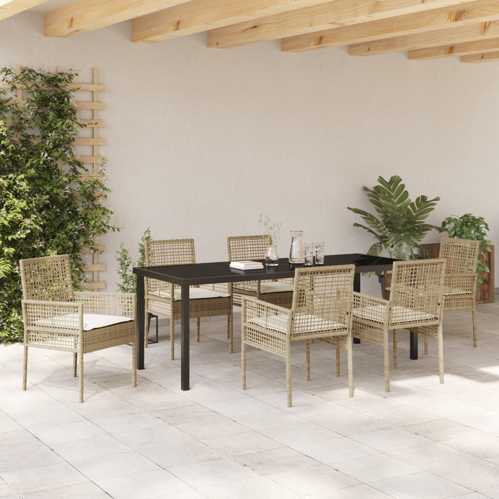 7 частен градински сет за хранене с възглавници бежов полирани ратан - Image 4