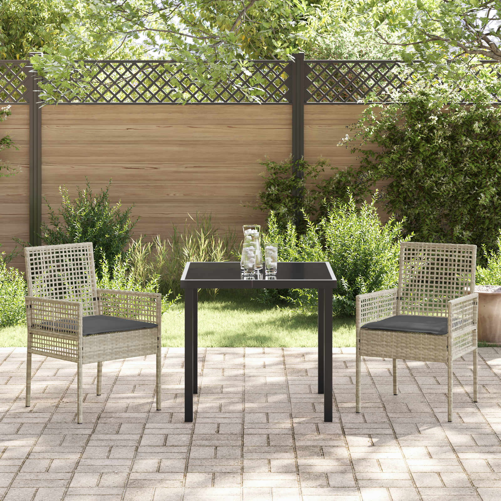 3 Piece Garden Dining Set with Cushions Light Grey Poly Rattan - Image 4