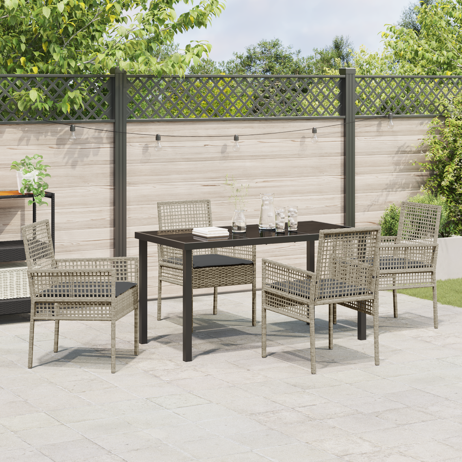 5 Piece Garden Dining Set with Cushions Light Grey Poly Rattan - Image 4