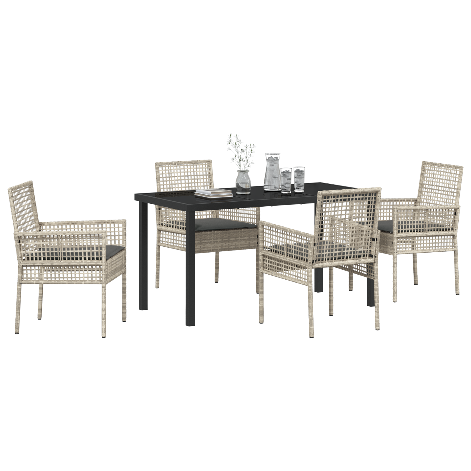 5 Piece Garden Dining Set with Cushions Light Grey Poly Rattan - Image 3