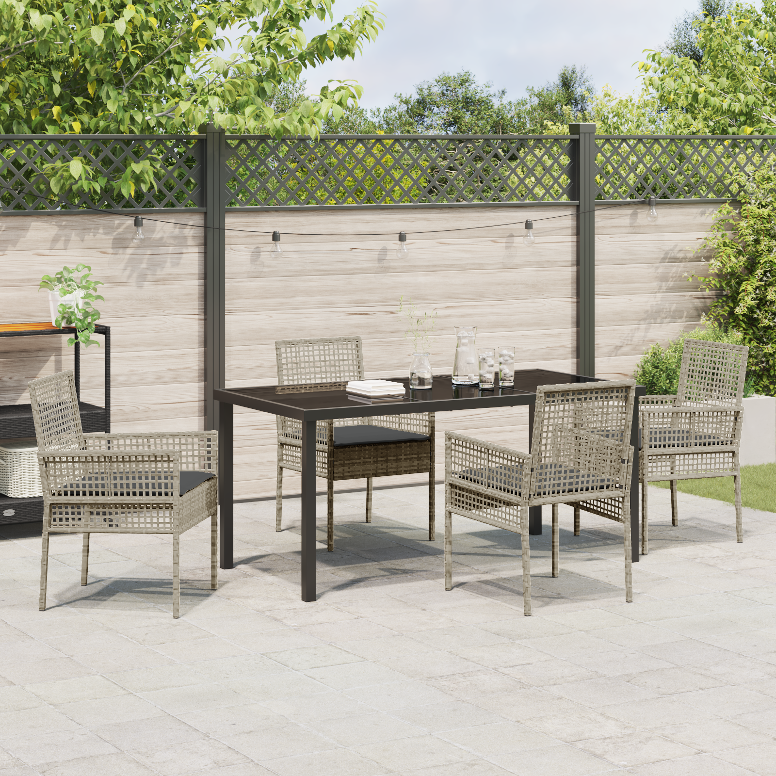 5 Piece Garden Dining Set with Cushions Light Grey Poly Rattan - Image 4