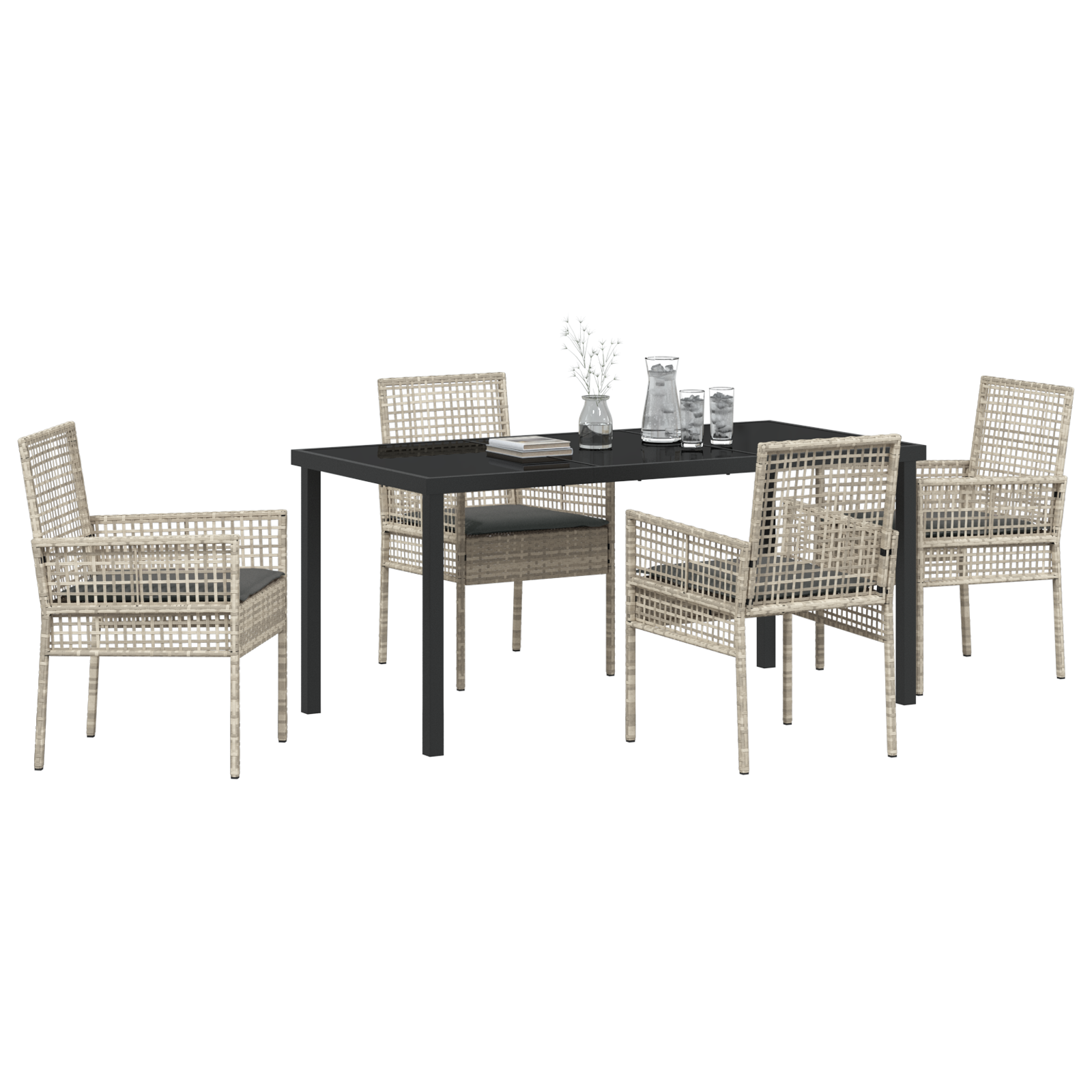 5 Piece Garden Dining Set with Cushions Light Grey Poly Rattan - Image 3