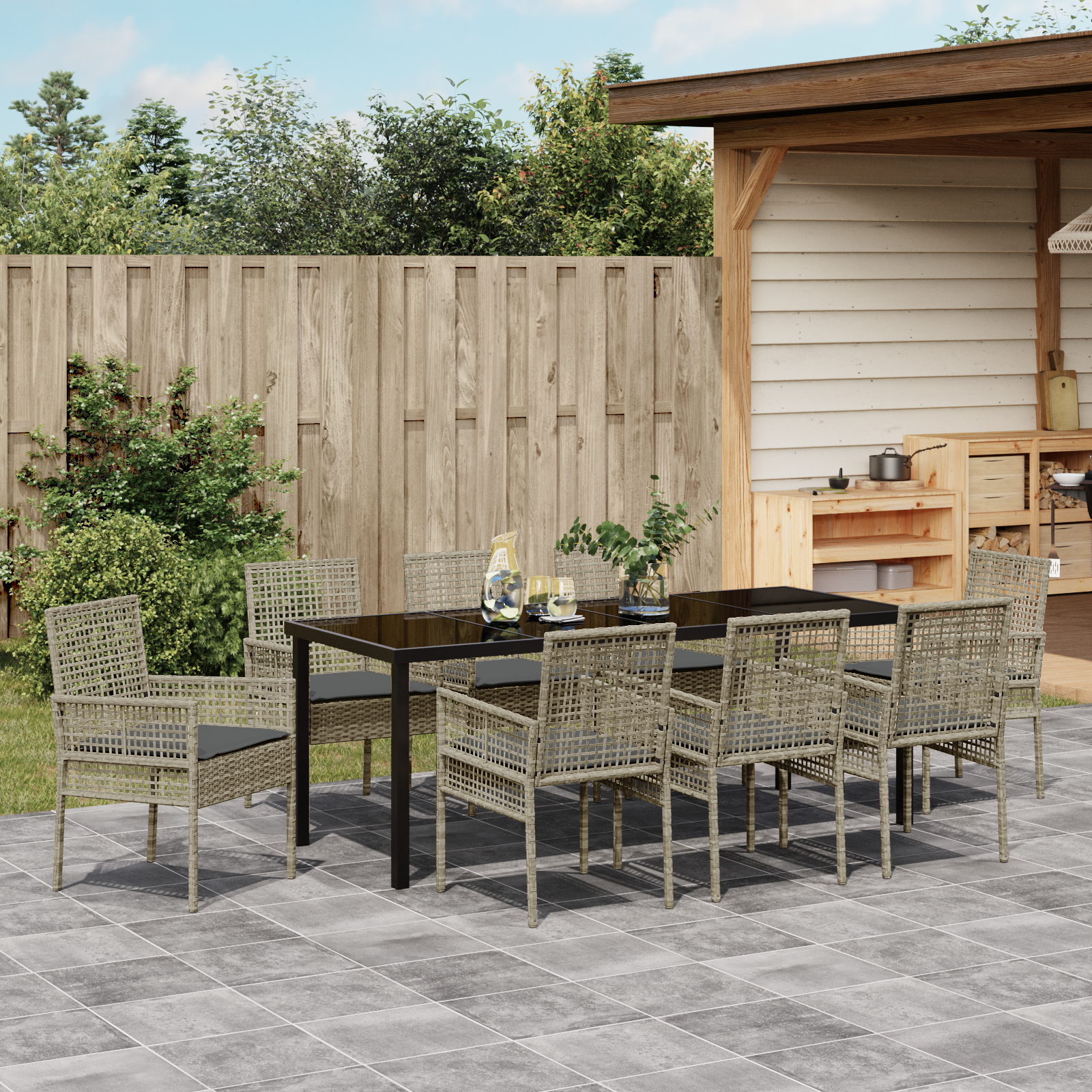 9 частен комплект градинска трапезария с възглавници Светло сиво полиратан - Image 4