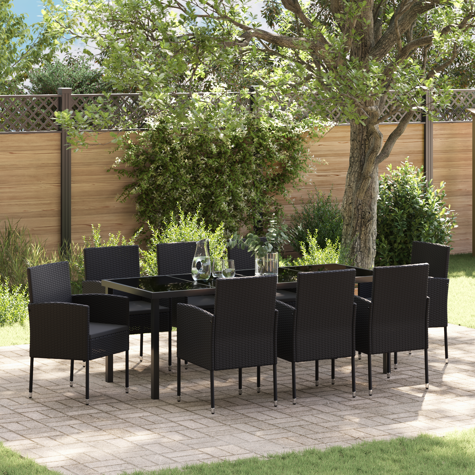 9 части градински маса за хранене с възглавници черен поли ратан