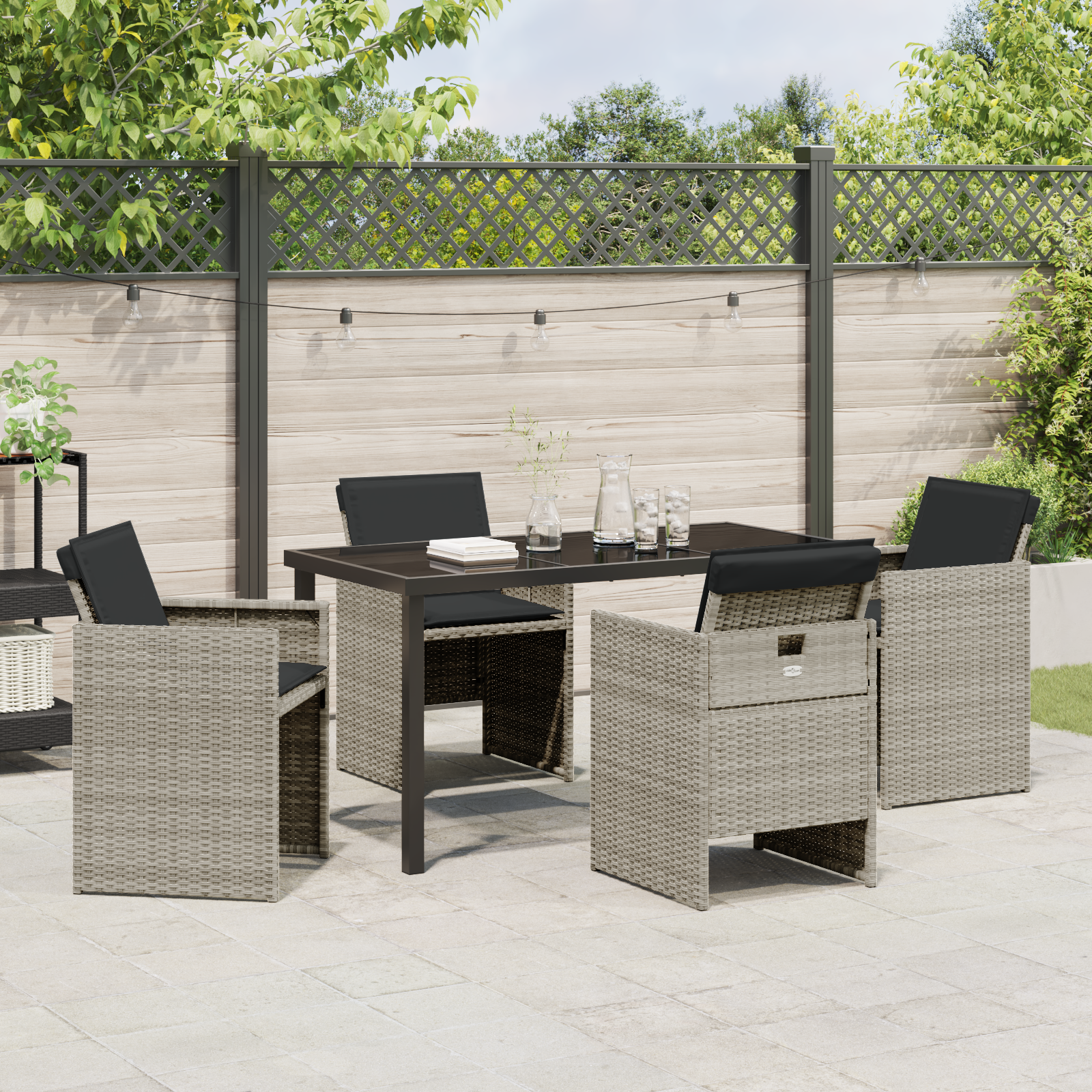 5 Piece Garden Dining Set with Cushions Light Grey Poly Rattan - Image 4