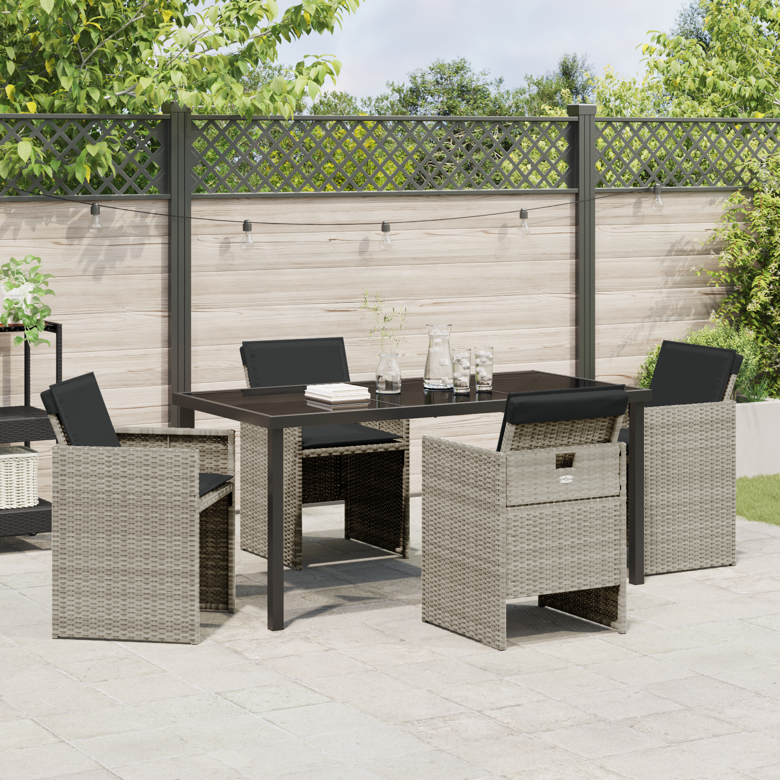 5 Piece Garden Dining Set with Cushions Light Grey Poly Rattan - Image 4