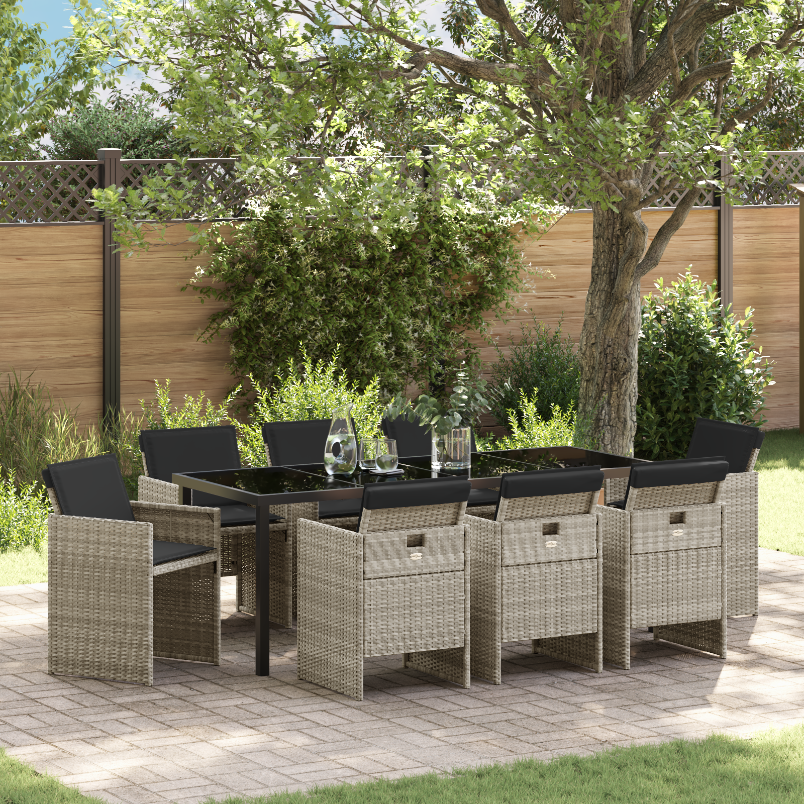 Thumbnail - vidaXL 9-teiliges Garten Esstisch Set mit Kissen in Hellgrau aus Poly Rattan