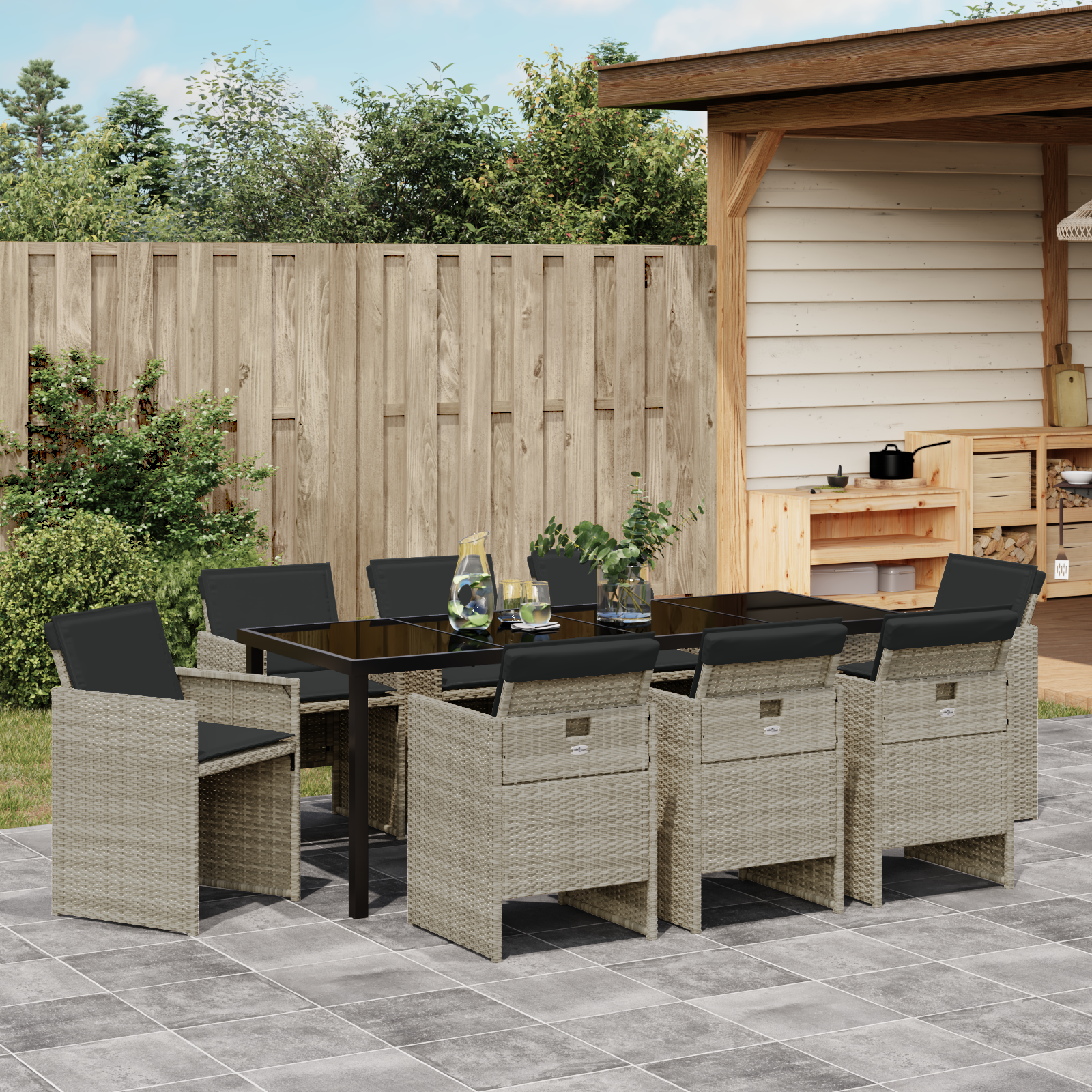 9-частен комплект за хранене в градината с възглавници Светлосив полиратан - Image 4