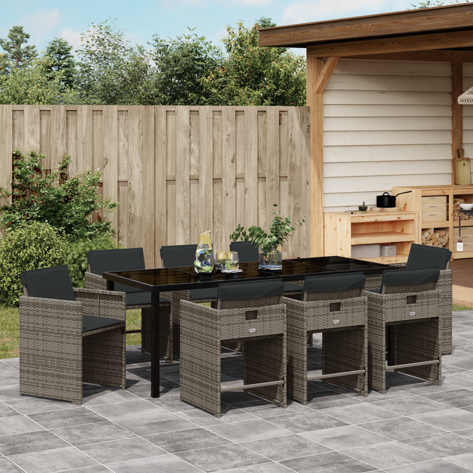 9-частен комплект градински мебели с възглавници сив полиратан - Image 4