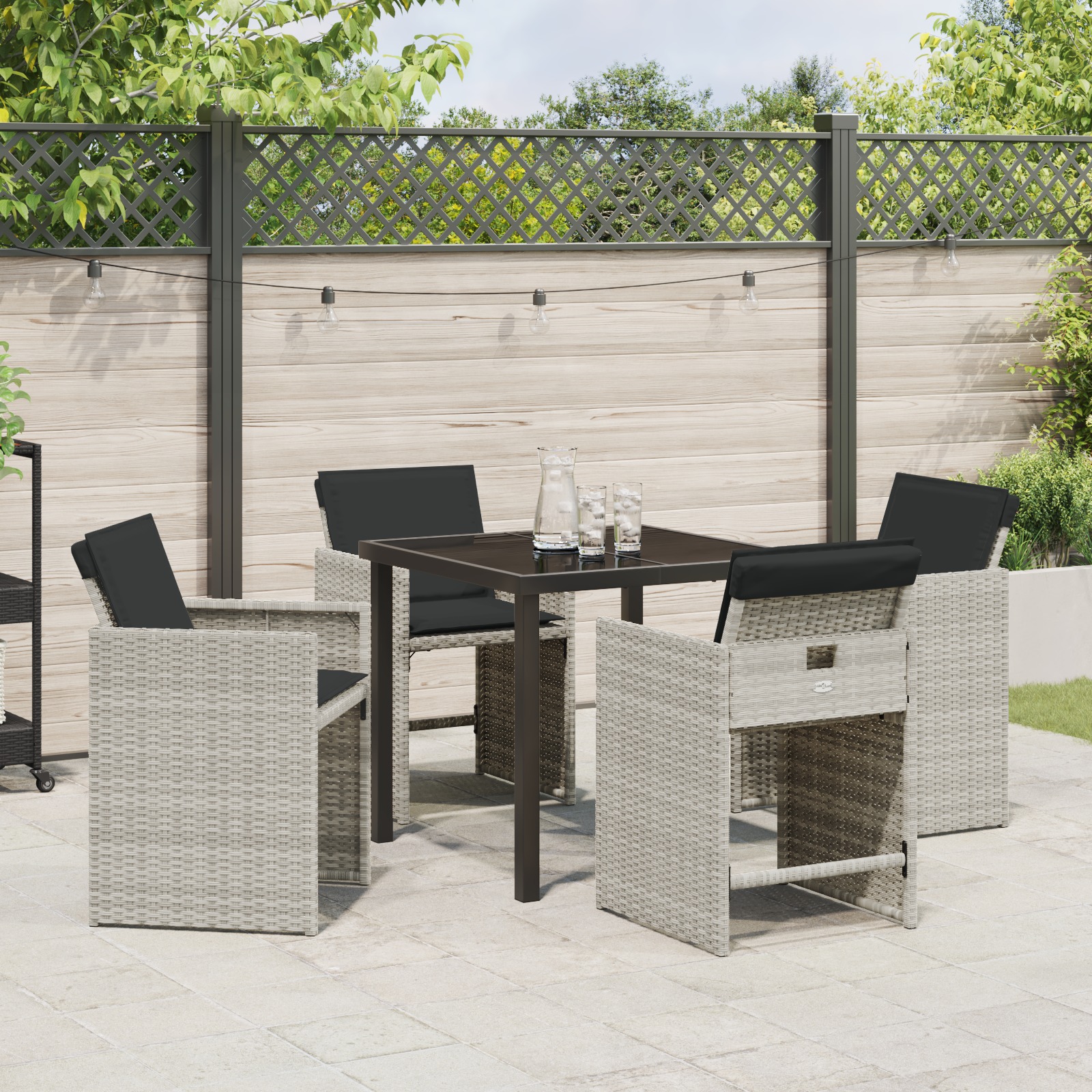 5 Piece Garden Dining Set with Cushions Light Grey Poly Rattan - Image 4