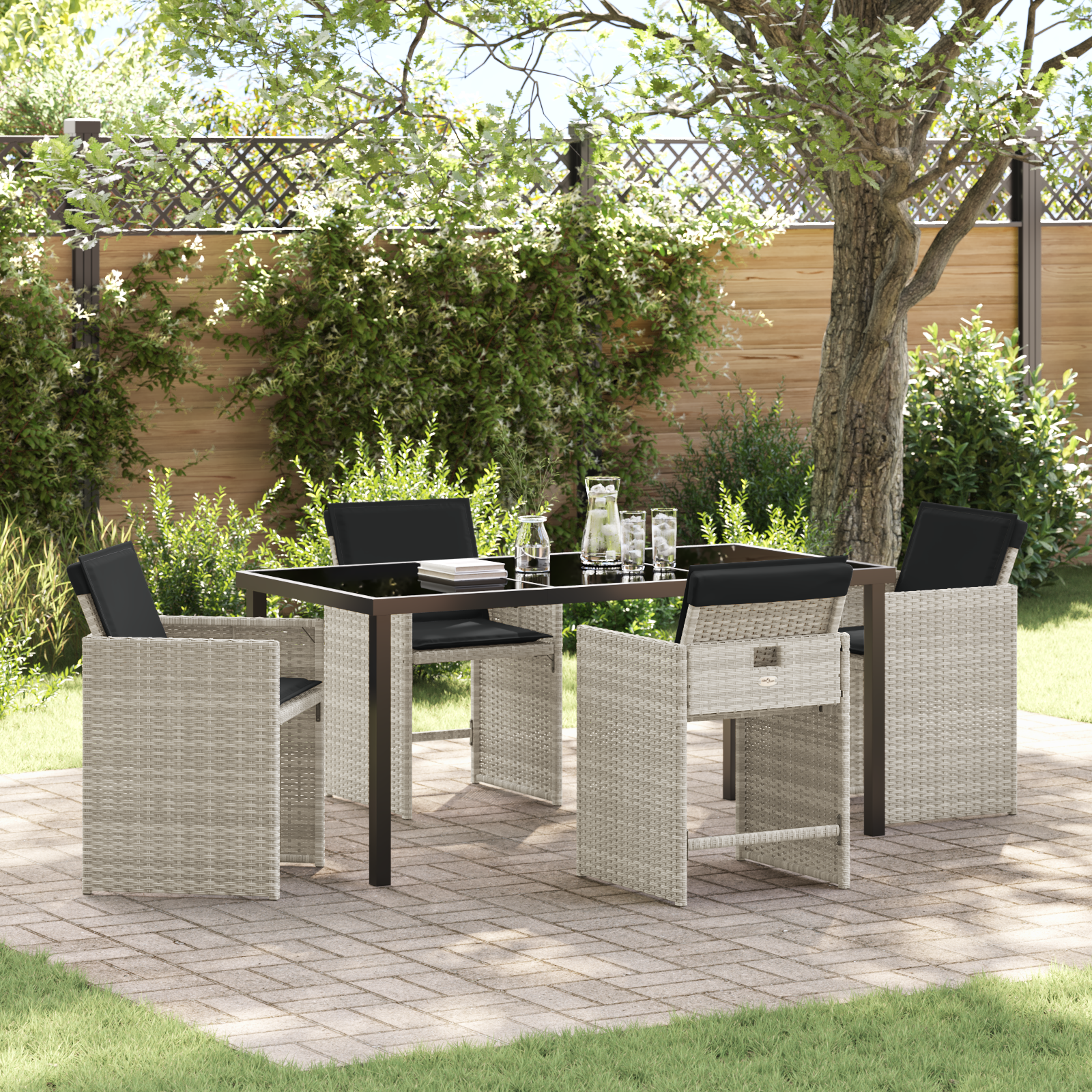 5 Piece Garden Dining Set with Cushions Light Grey Poly Rattan