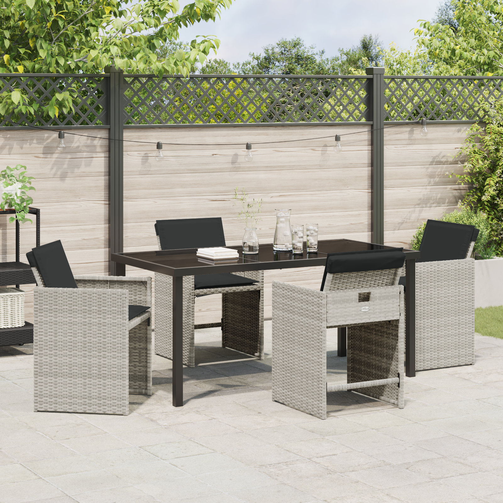 5 Piece Garden Dining Set with Cushions Light Grey Poly Rattan - Image 4