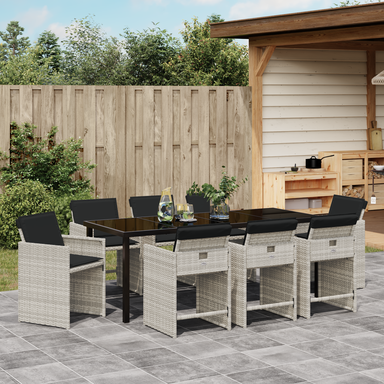 комплект за хранене в градината 9 части с възглавници Светлосиво Полиратан - Image 4