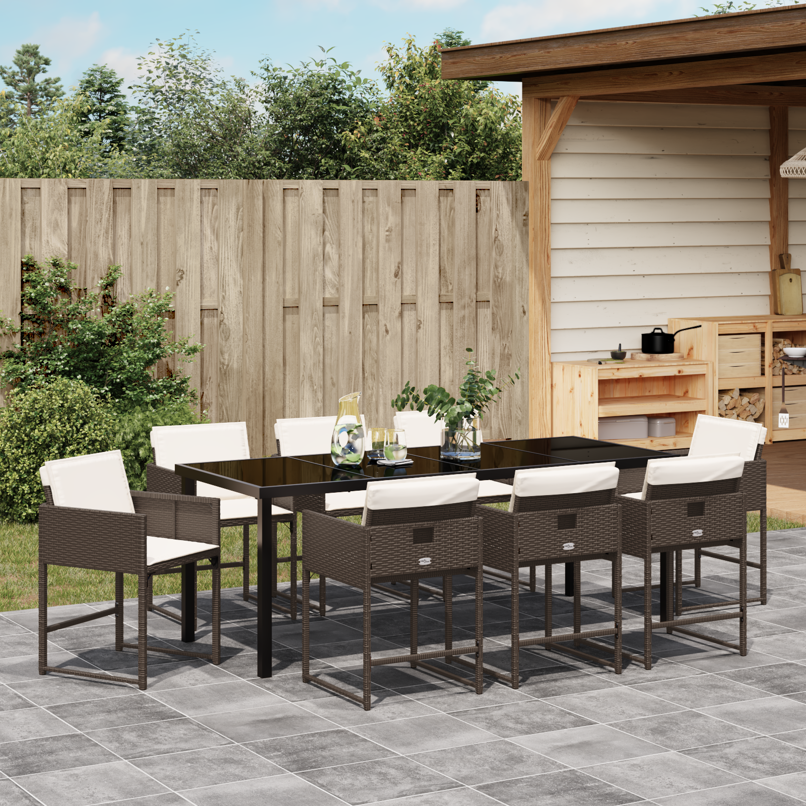 Градински комплект с 9 части с възглавници - кафяв поли ратан - Image 4
