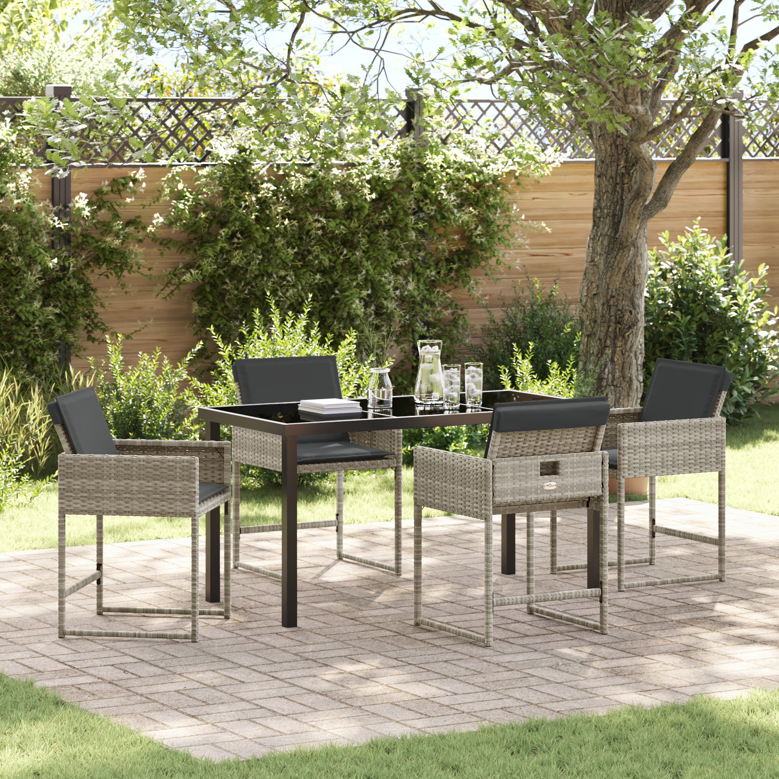 5 Piece Garden Dining Set with Cushions Light Grey Poly Rattan
