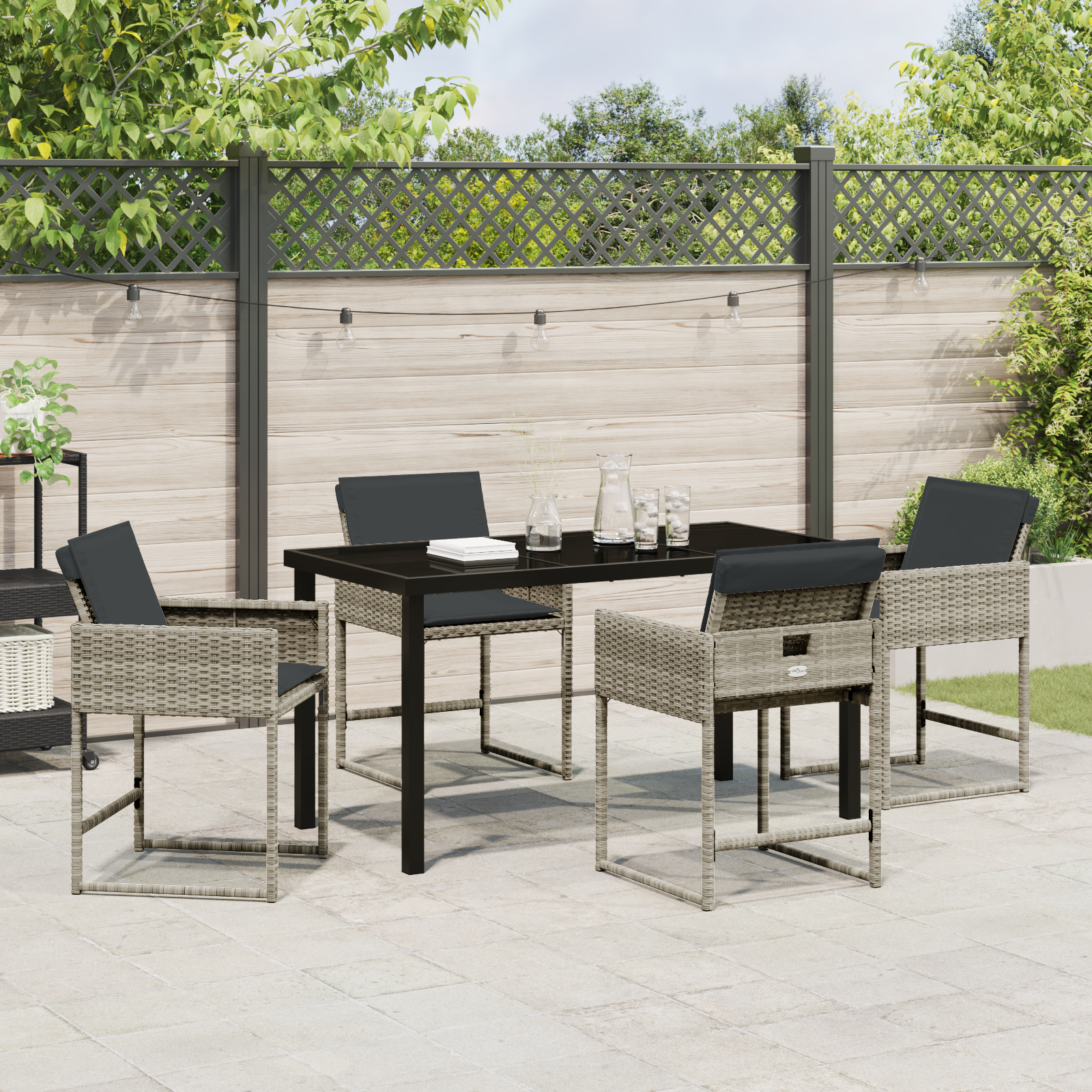 5 Piece Garden Dining Set with Cushions Light Grey Poly Rattan - Image 4
