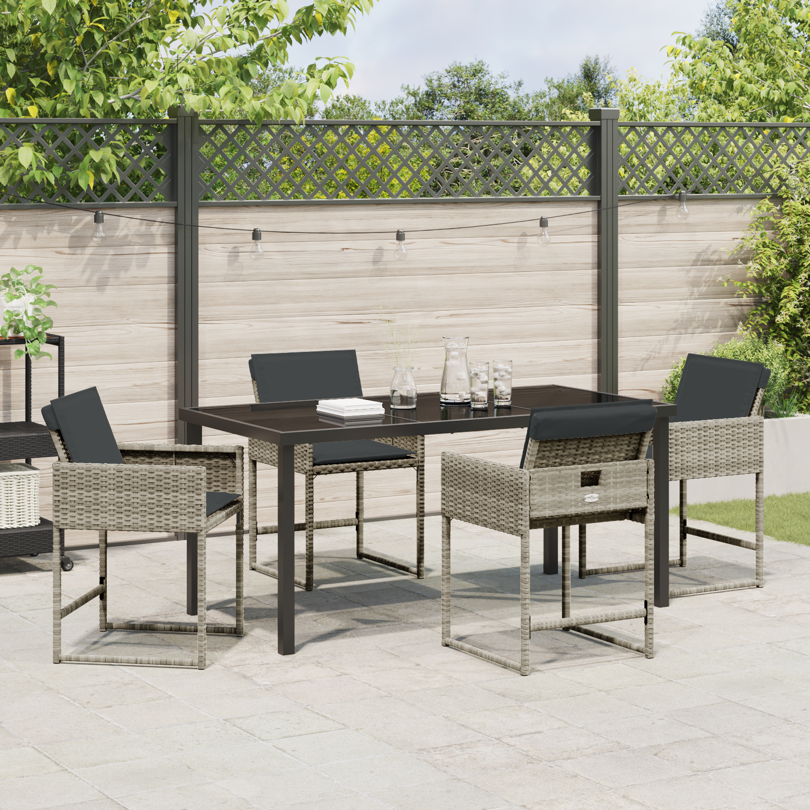 5 Piece Garden Dining Set with Cushions Light Grey Poly Rattan - Image 4