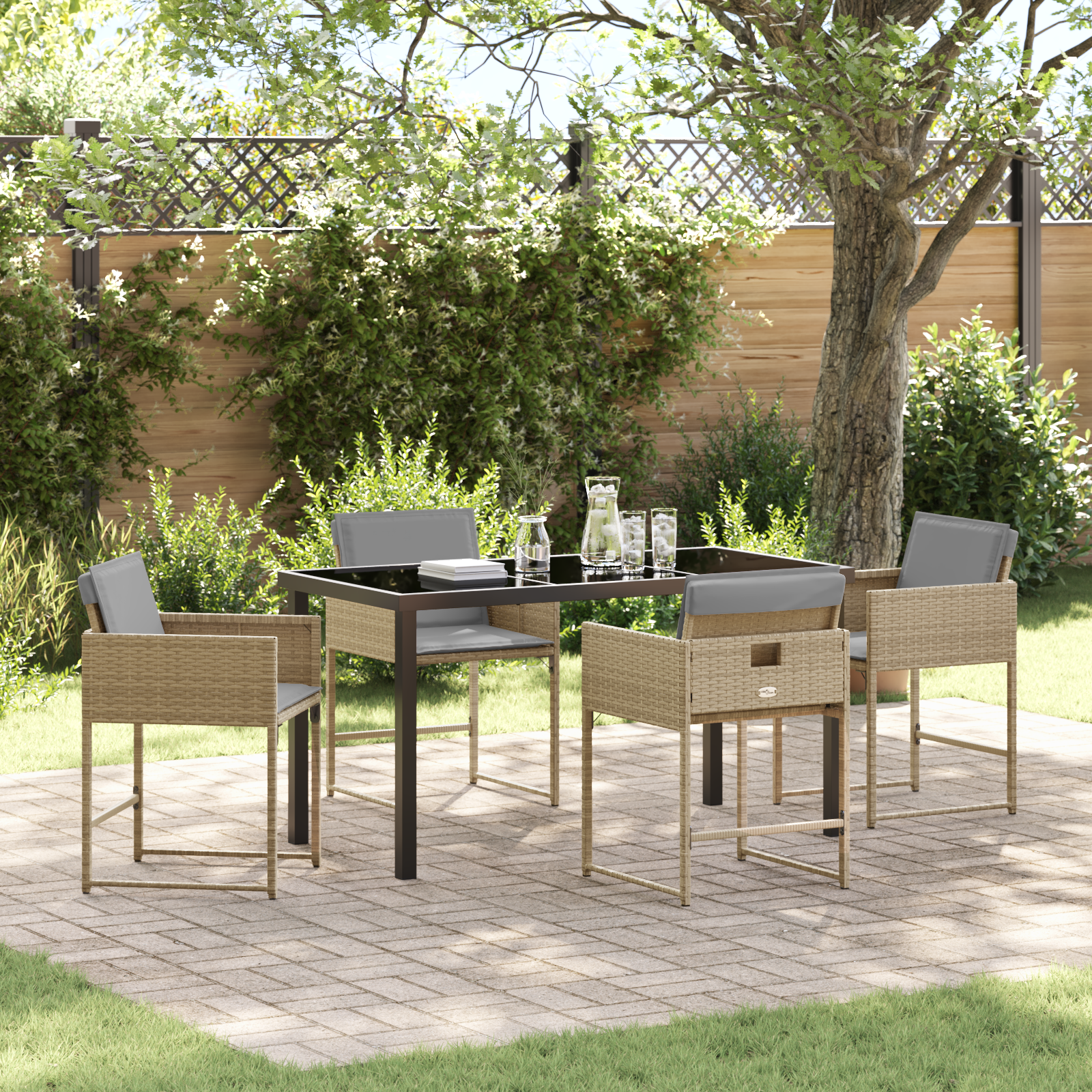 5 Piece Garden Dining Set with Cushions Beige Poly Rattan