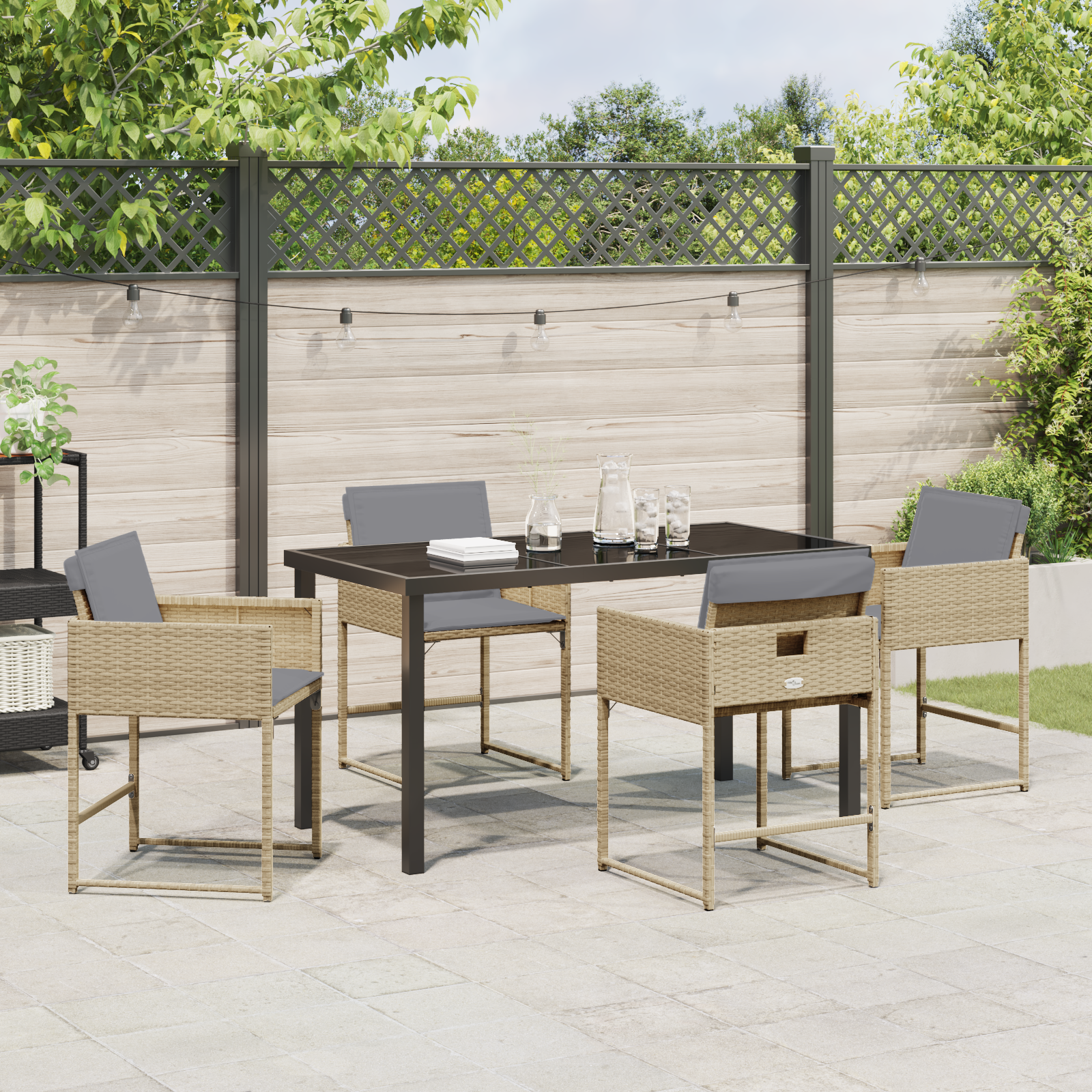 5 Piece Garden Dining Set with Cushions Beige Poly Rattan - Image 4