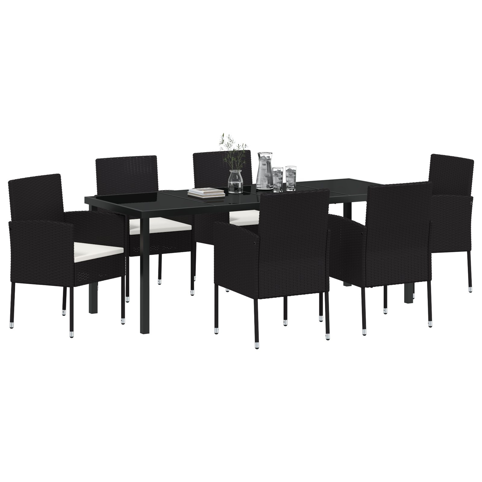 Градински трапезен комплект от 7 части с възглавници черен ратан - Image 3