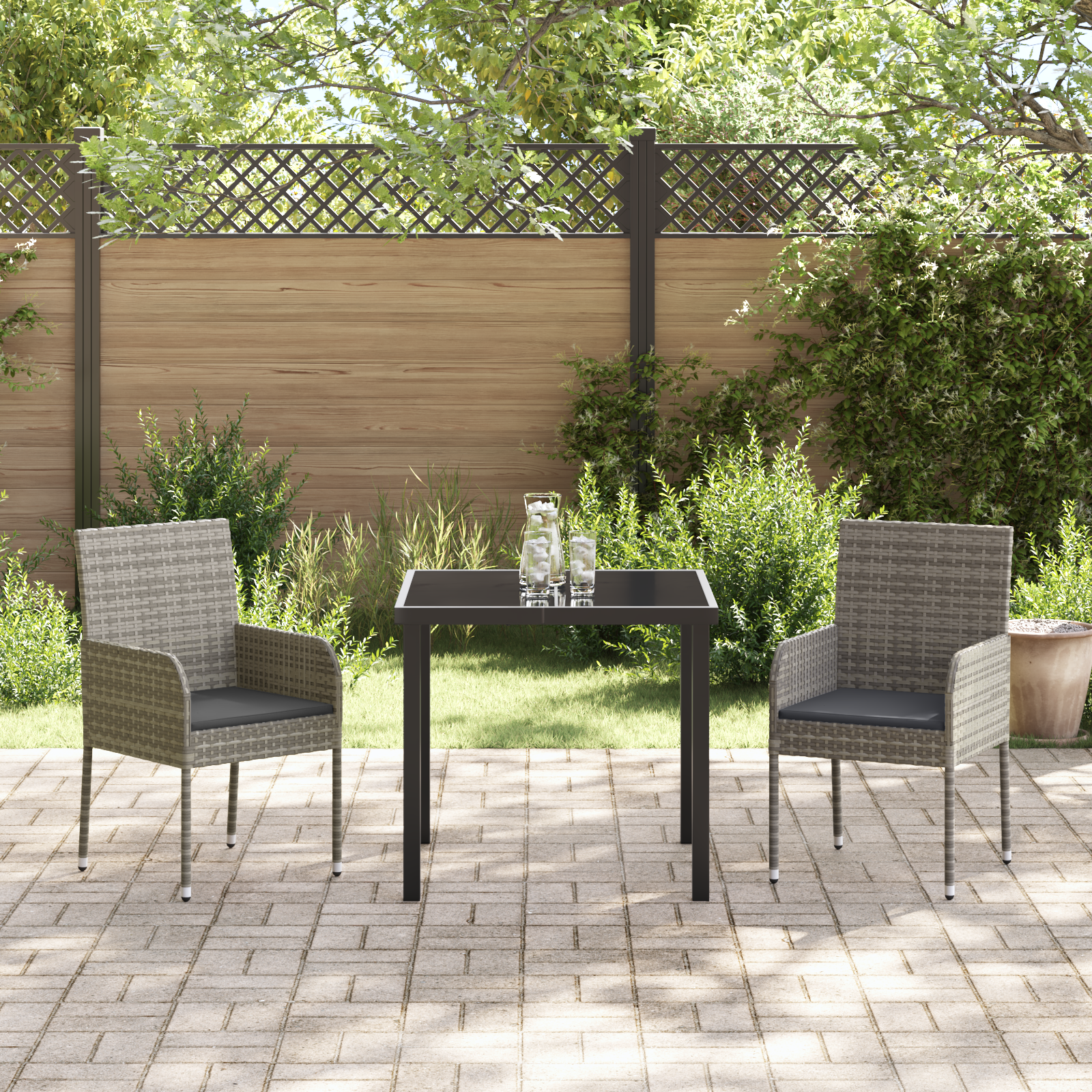 3 части градински трапезен комплект с възглавници Сиво Поли ратан - Image 4