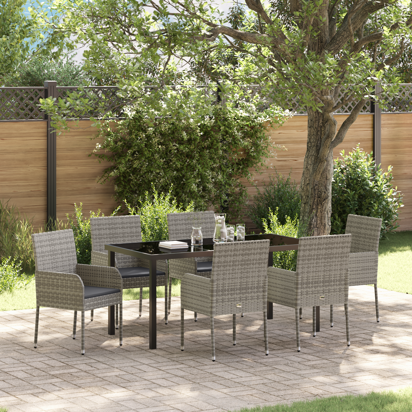 Thumbnail - vidaXL 7-teiliges Garten-Ess-Set mit Kissen, Grau, Poly Rattan