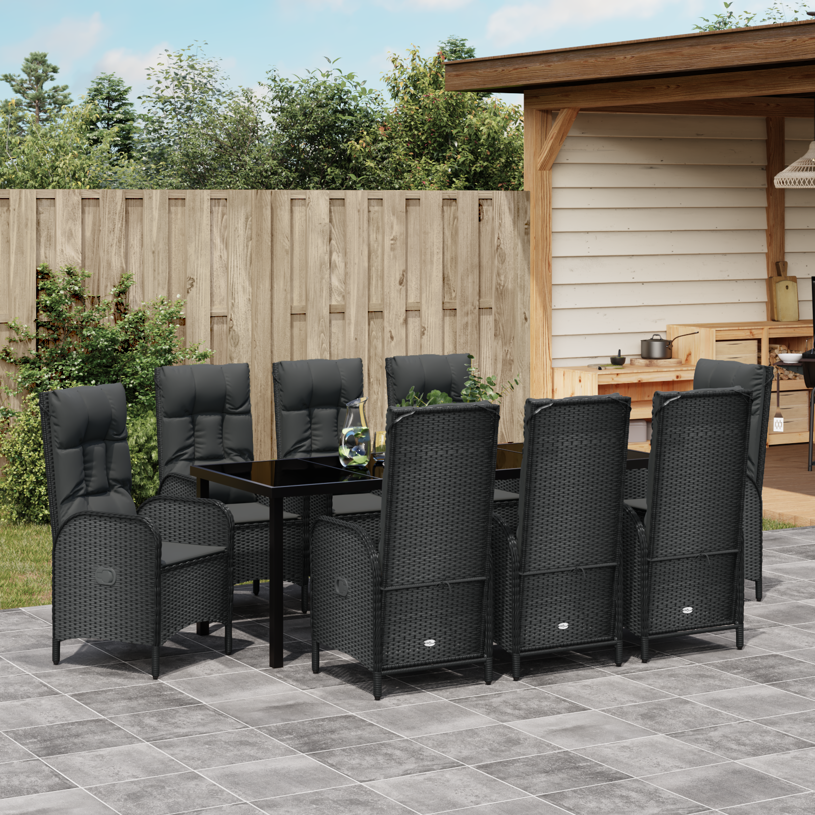 9-членен комплект трапезни мебели за градина Черен поли ратан - Image 4