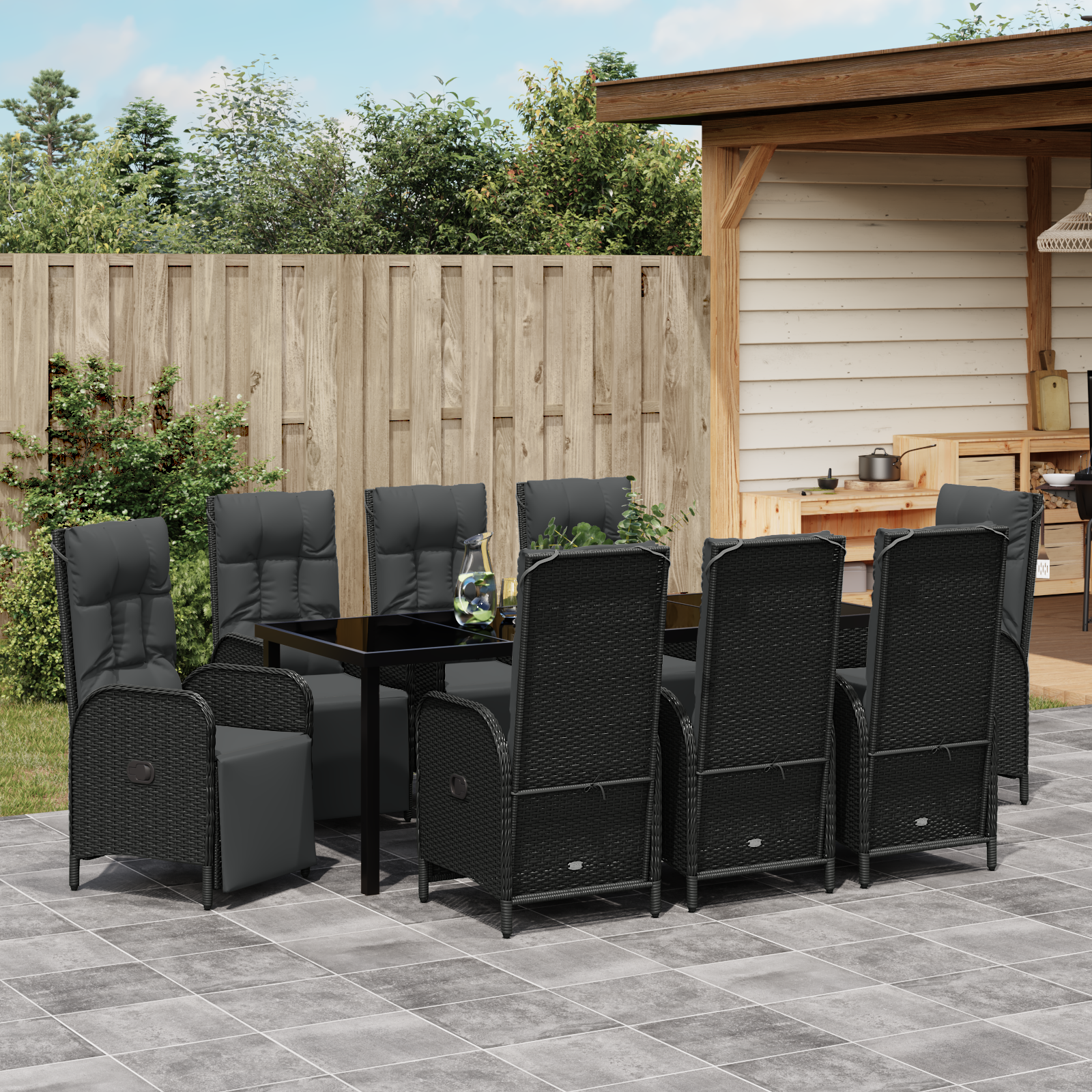 Комплект за градинска трапезария от 9 части с възглавници Черен Полиратан - Image 4