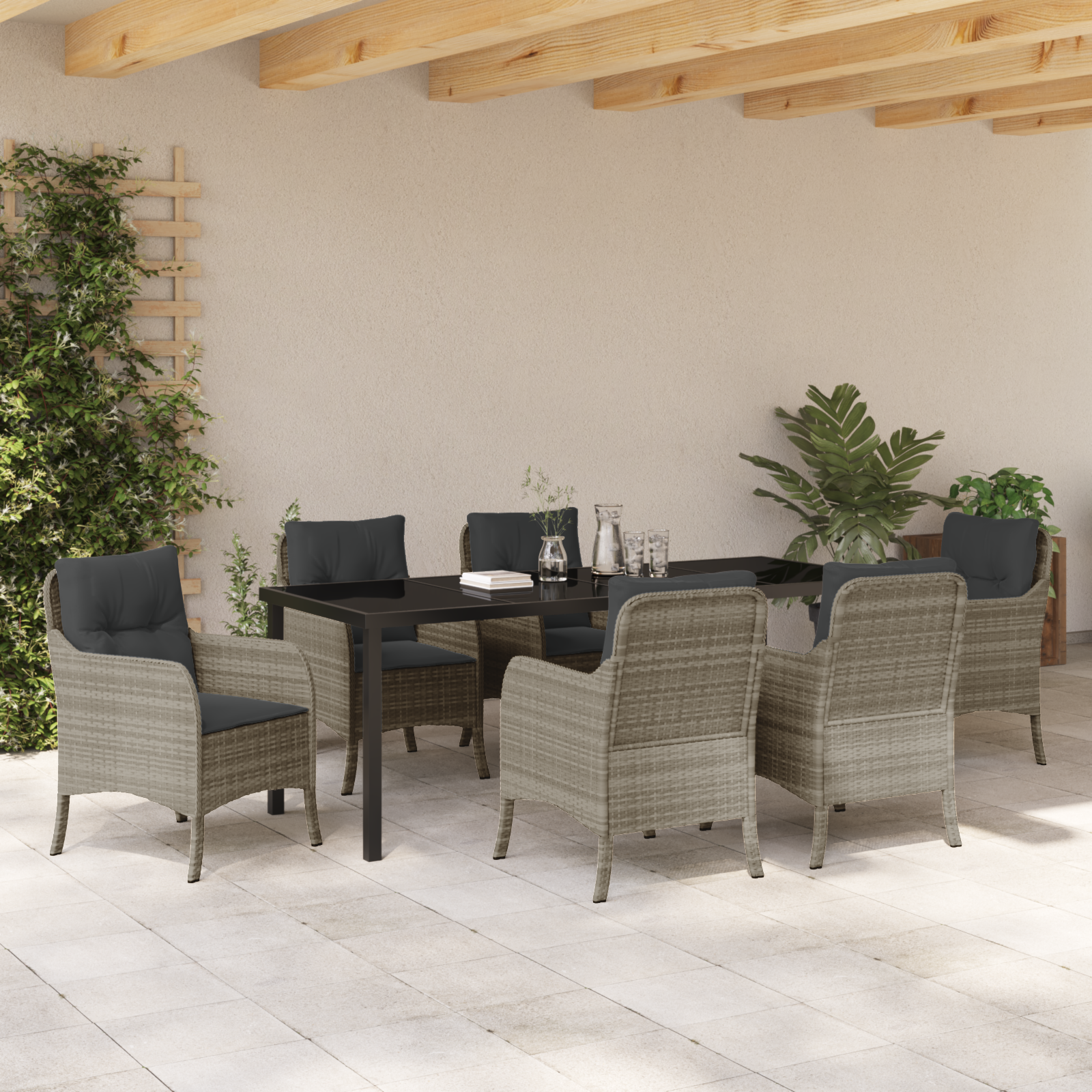 7-частен комплект за хранене в градината с възглавници Светлосив Полиратан - Image 4