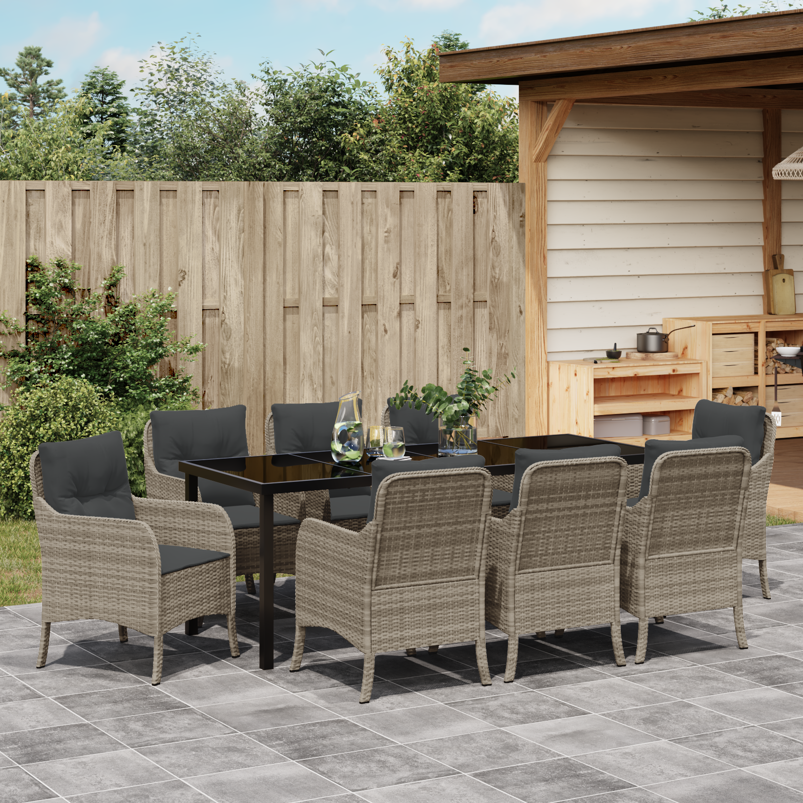 9-частен комплект градински трапезарии с възглавници Светло сиво полиратан - Image 4