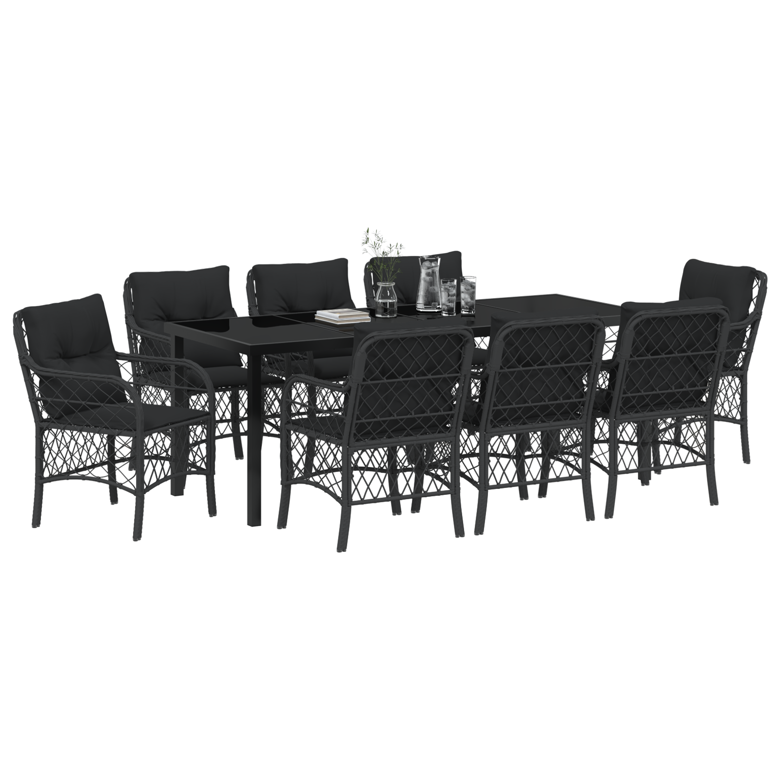 9 части градински комплект за хранене с възглавнички черен поли ратан - Image 3