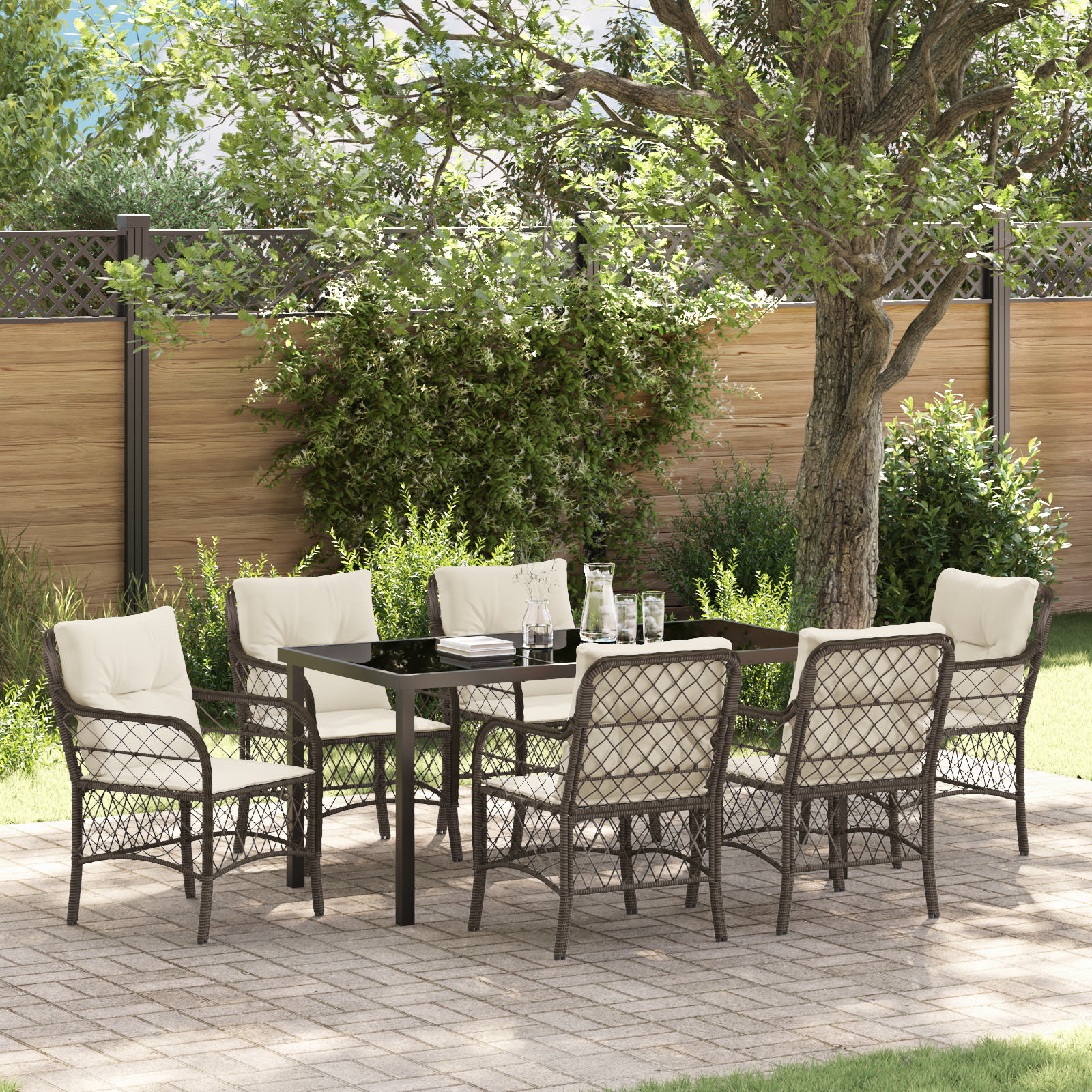 7-членен комплект за хранене на открито с възглавници кафяв поли ратан