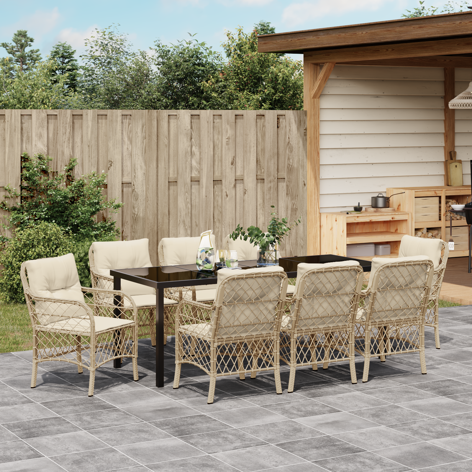 9-частен комплект за хранене на градината с възглавници Бежов поли ратан - Image 4