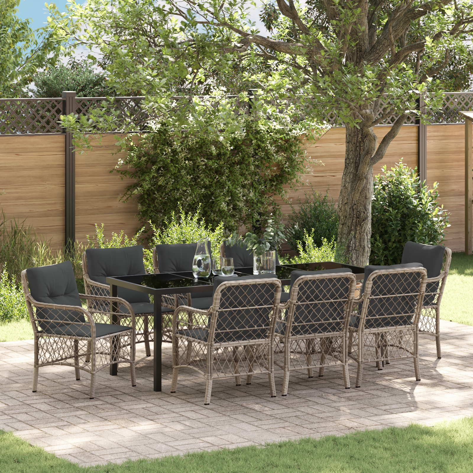 Thumbnail - vidaXL 9-teiliges Garten-Ess-Set mit Kissen in Hellgrau aus Poly Rattan.