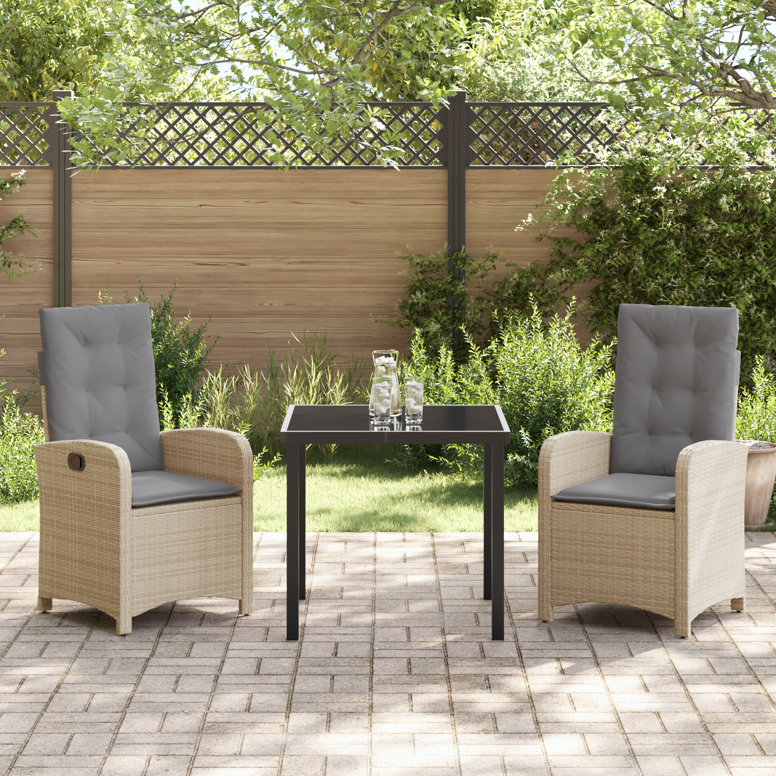 Conjunto de Jantar de Jardim 3 Peças com Almofadas Bege Rattan Poliéster Conjunto de Jantar de Jardim 3 Peças com Almofadas Bege Rattan Poliéster