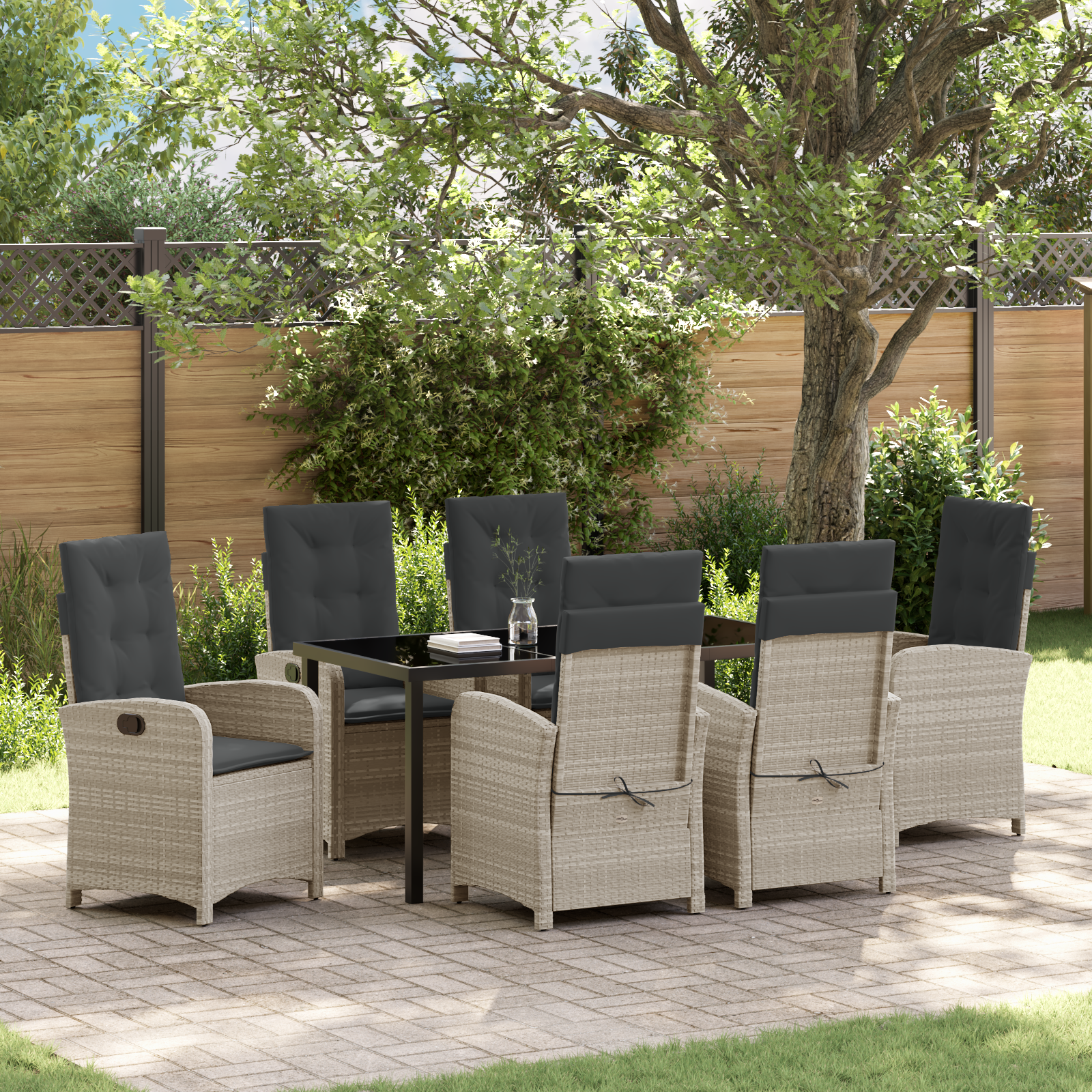 Conjunto de Jantar de Jardim de 7 Peças com Almofadas Cinza Claro em Rattan Poliéster Conjunto de Jantar de Jardim de 7 Peças com Almofadas Cinza Claro em Rattan Poliéster