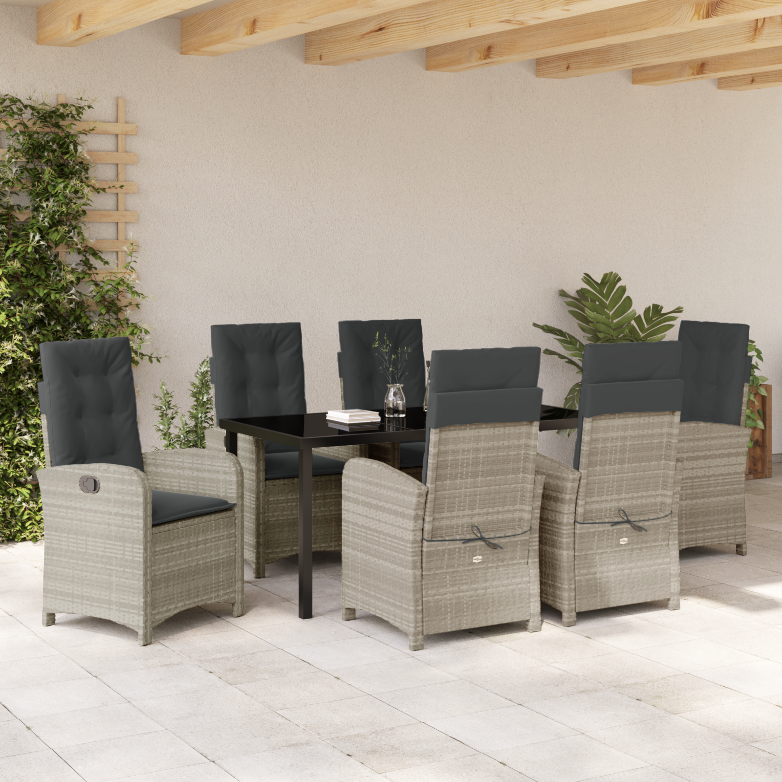 Conjunto de Jantar de Jardim de 7 Peças com Almofadas Cinza Claro em Rattan Poliéster