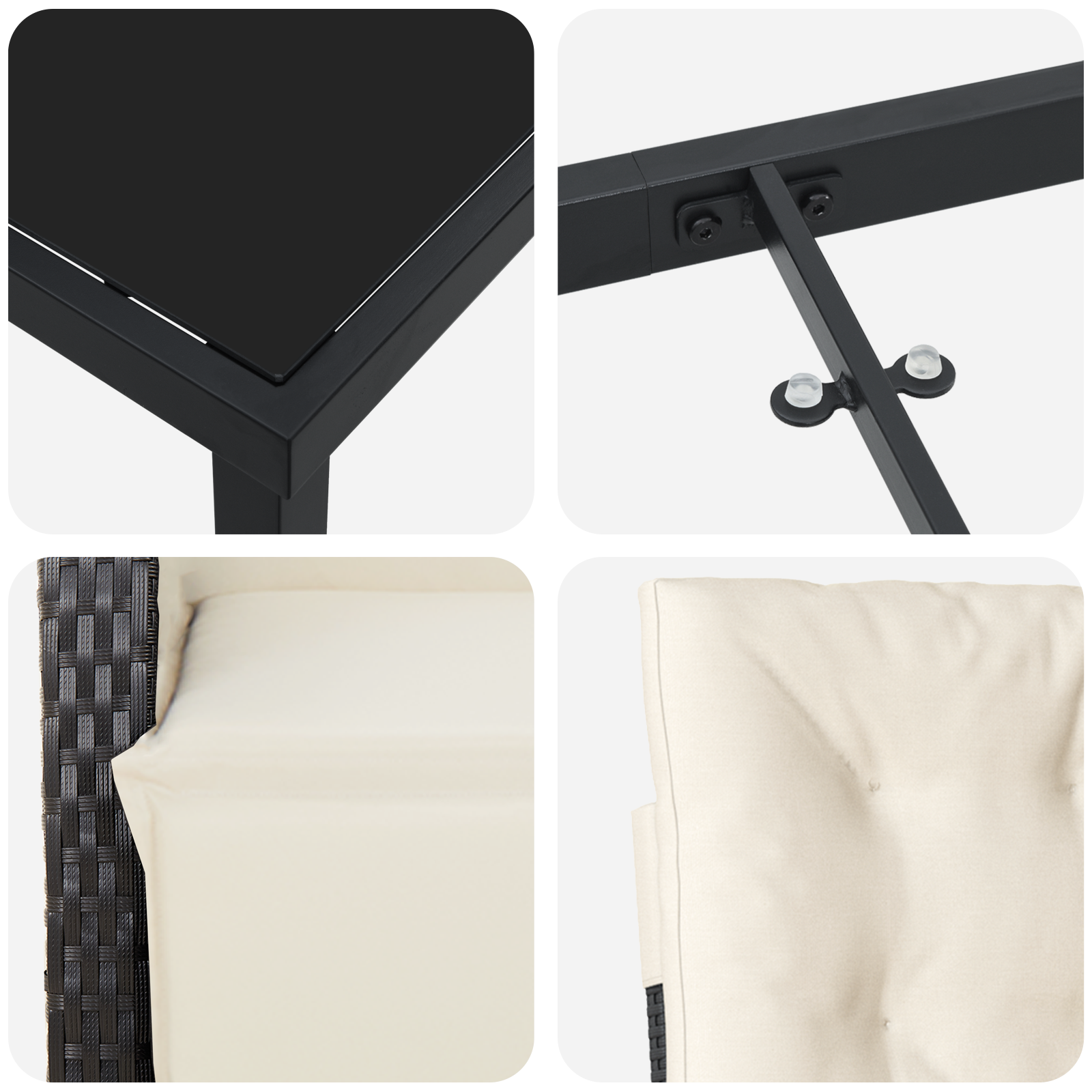 3-членен градински техник с възглавници черен полирами, vidaXL черна маса 80x80x73 см с закалено стъкло - Image 10