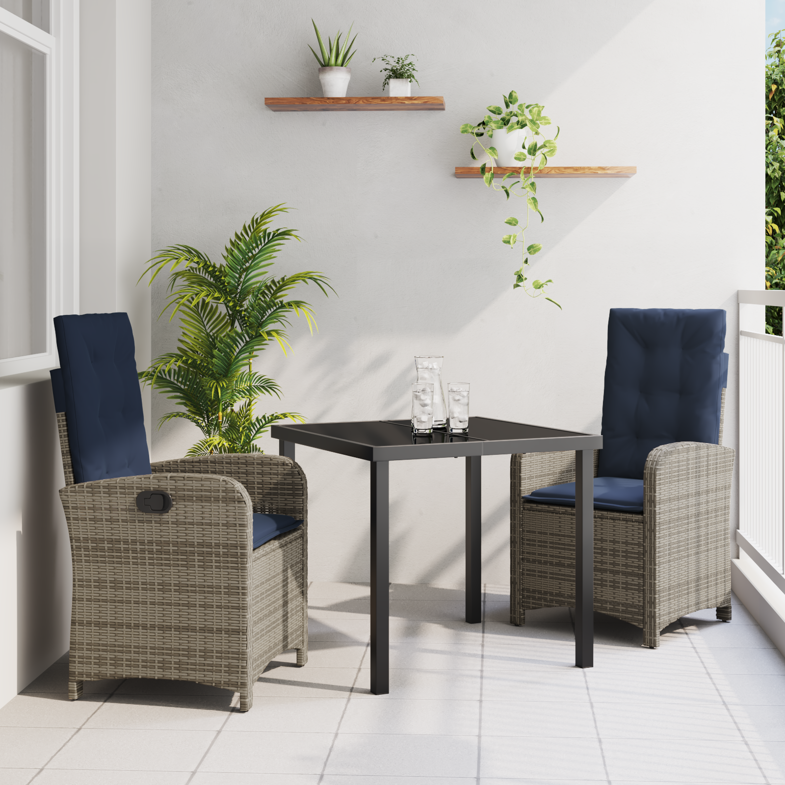3 Piece Garden Dining Set with Cushions - Grey Poly Rattan
