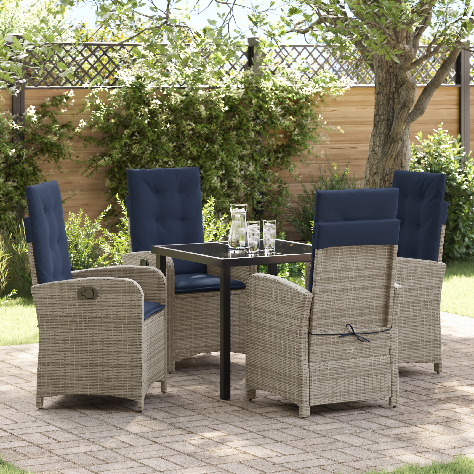 5 Piece Garden Dining Set with Cushions Grey Poly Rattan