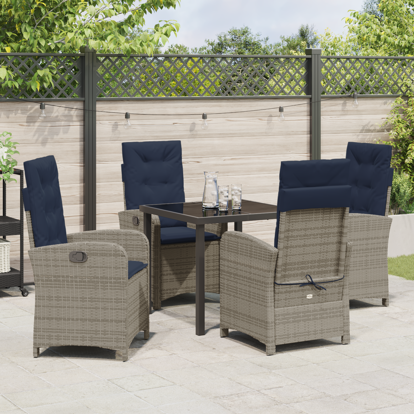 5 Piece Garden Dining Set with Cushions Grey Poly Rattan - Image 4