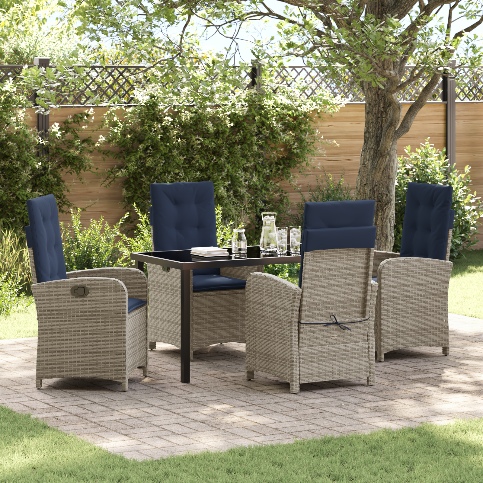 5-Piece Garden Dining Set with Cushions Grey Poly Rattan