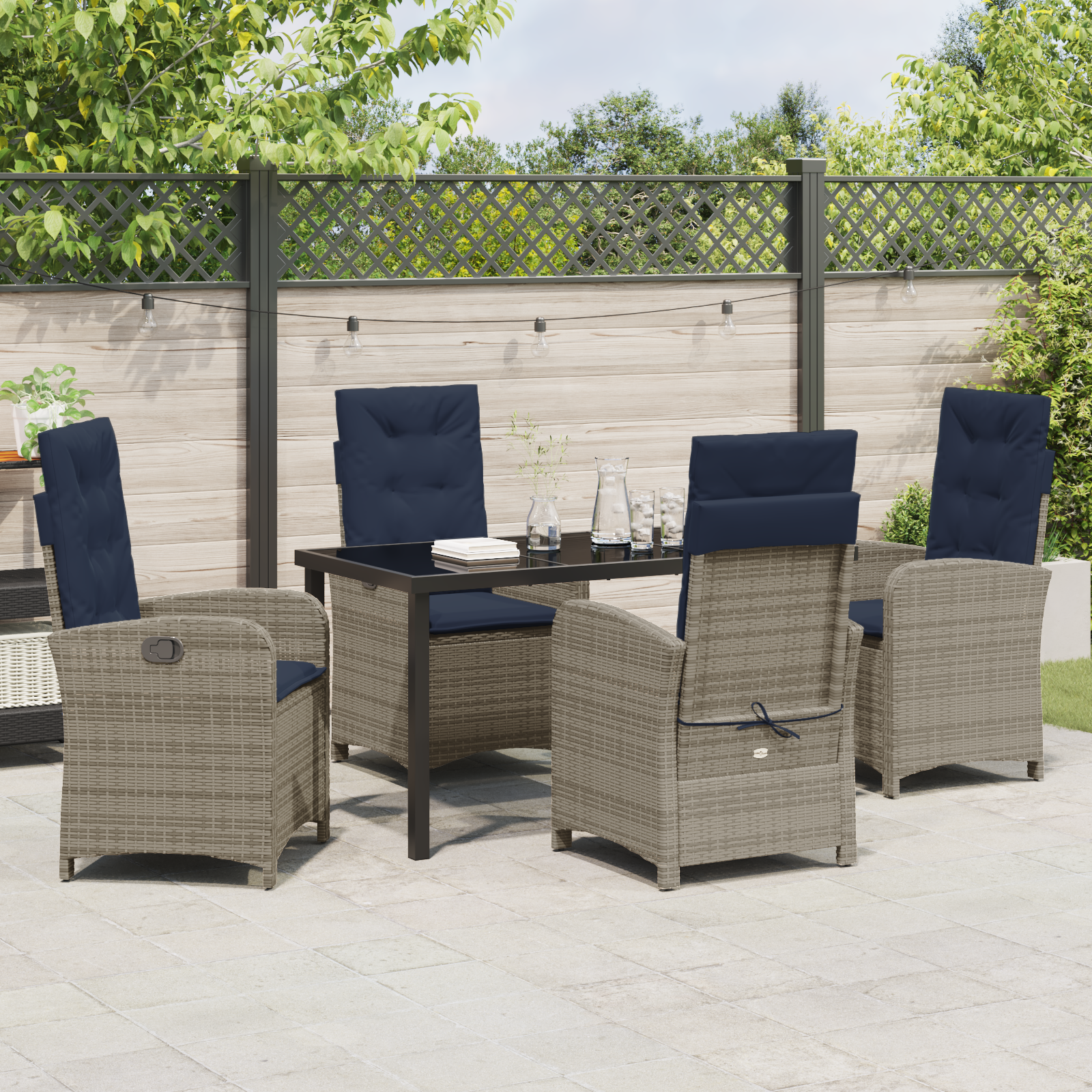 5-Piece Garden Dining Set with Cushions Grey Poly Rattan - Image 4