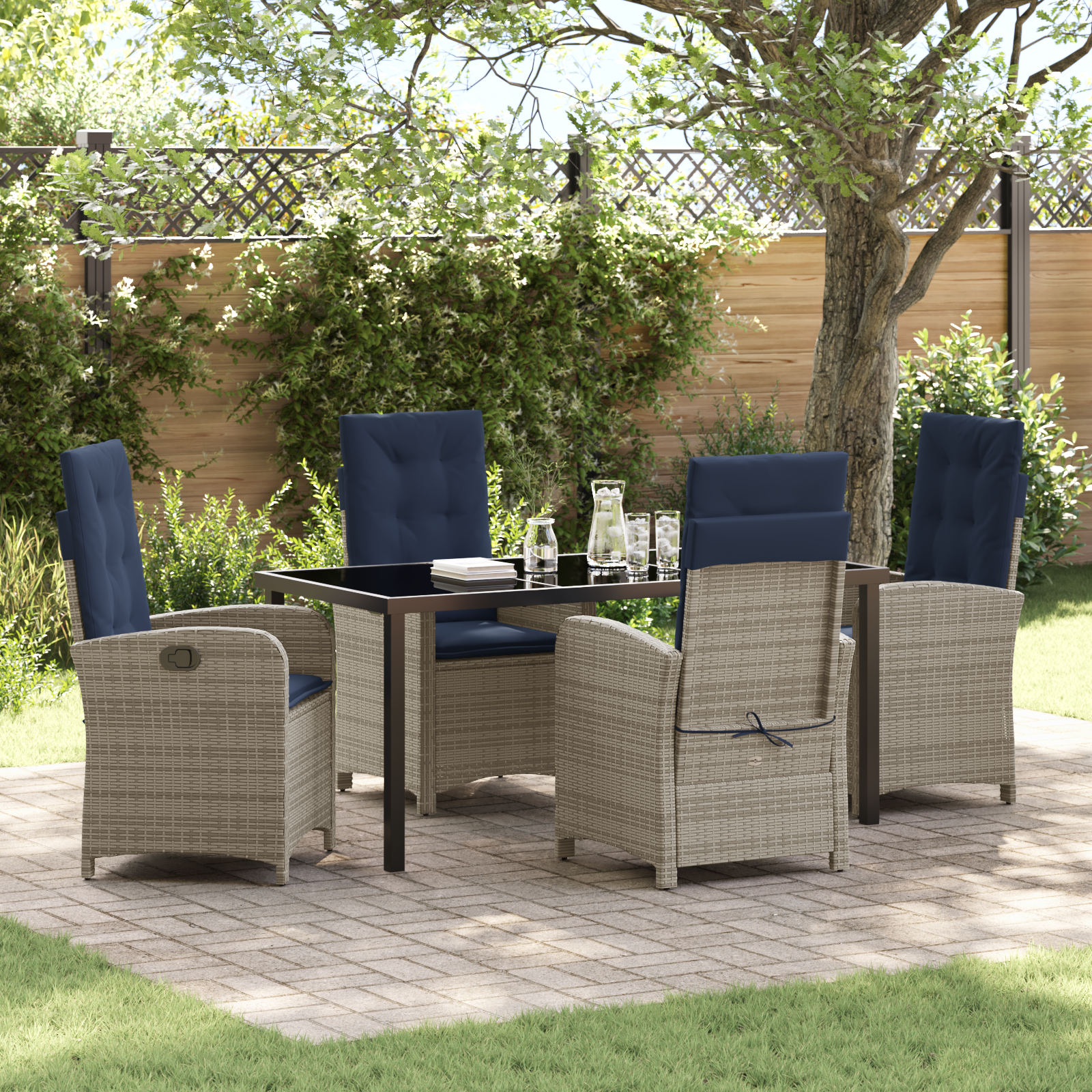 5 Piece Garden Dining Set with Cushions - Grey Poly Rattan