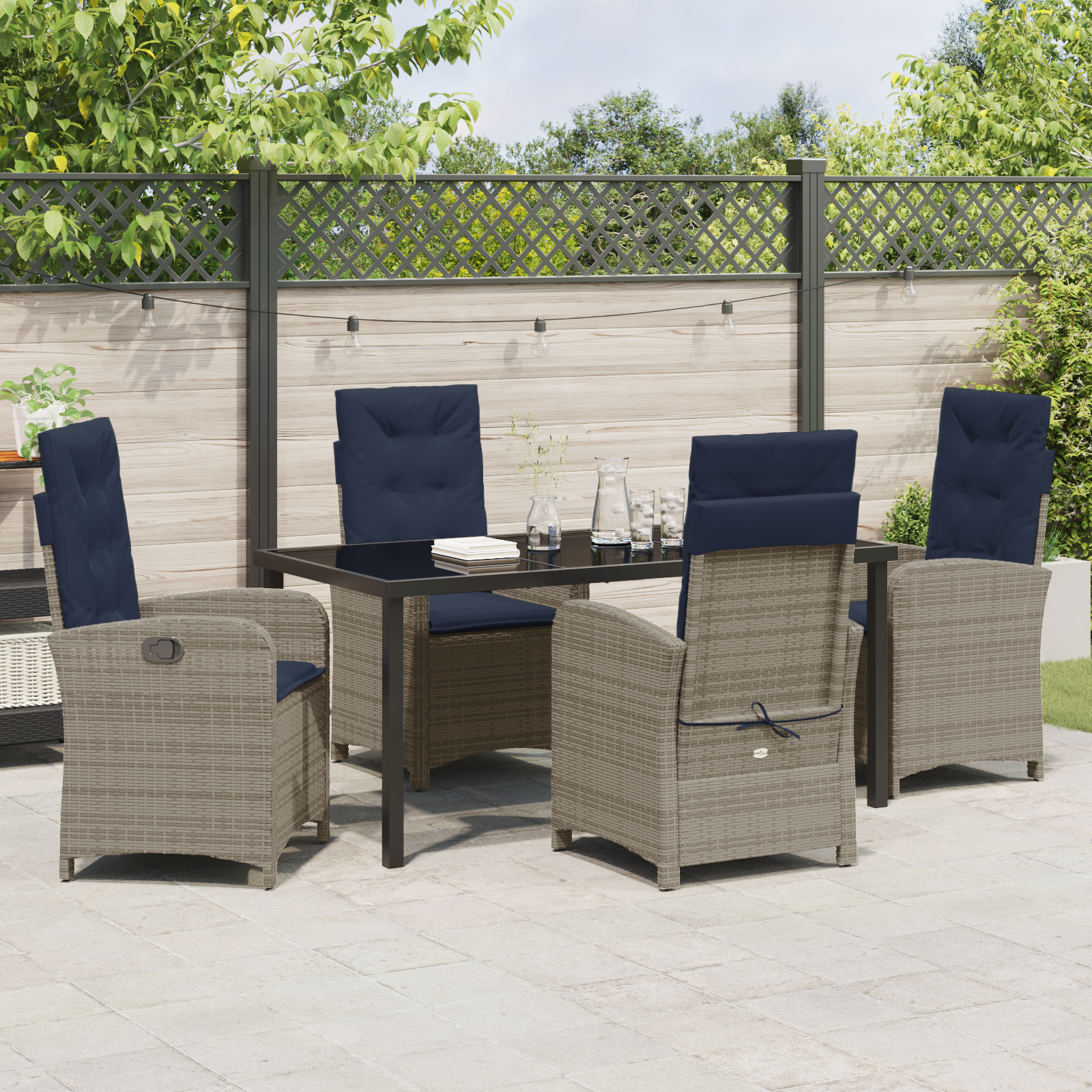 5 Piece Garden Dining Set with Cushions - Grey Poly Rattan - Image 4