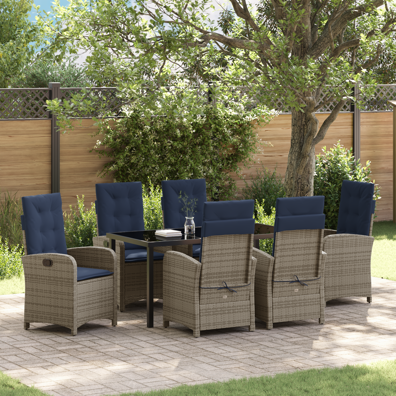 7 Piece Garden Dining Set with Cushions Grey Poly Rattan