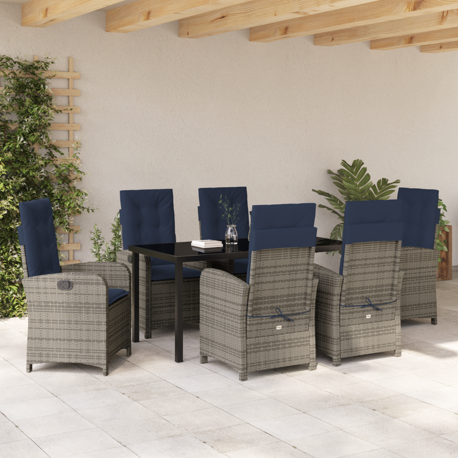 7 Piece Garden Dining Set with Cushions Grey Poly Rattan - Image 4
