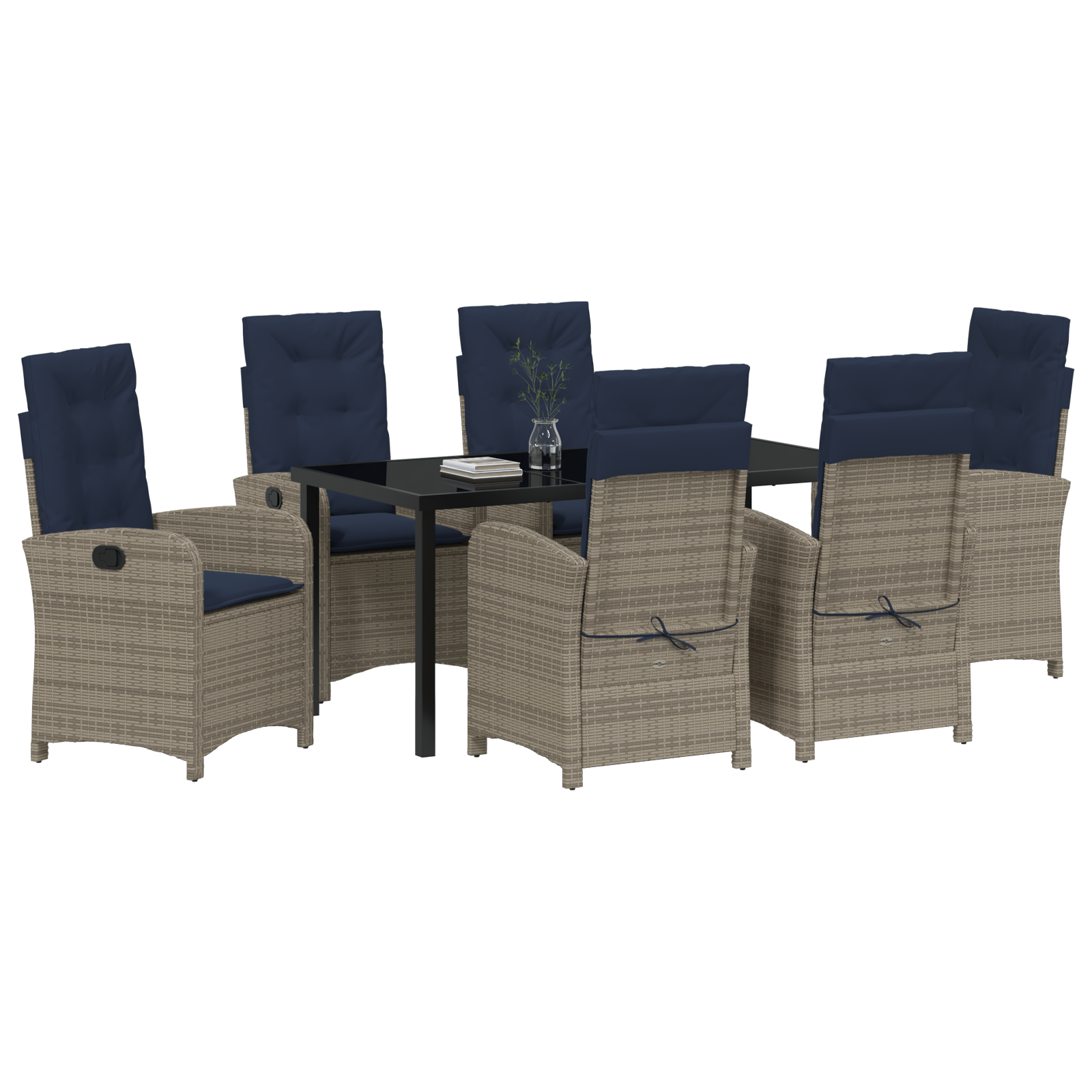 7 Piece Garden Dining Set with Cushions Grey Poly Rattan - Image 3