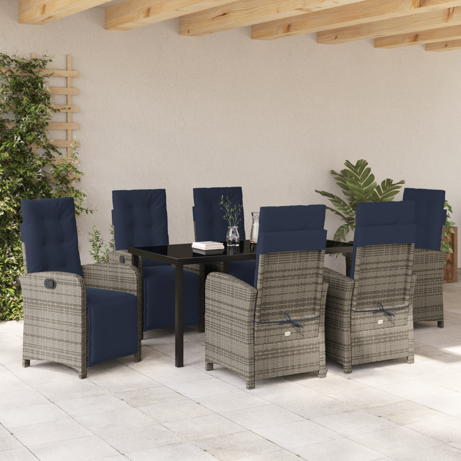 7 Piece Garden Dining Set Grey Poly Rattan - Image 4