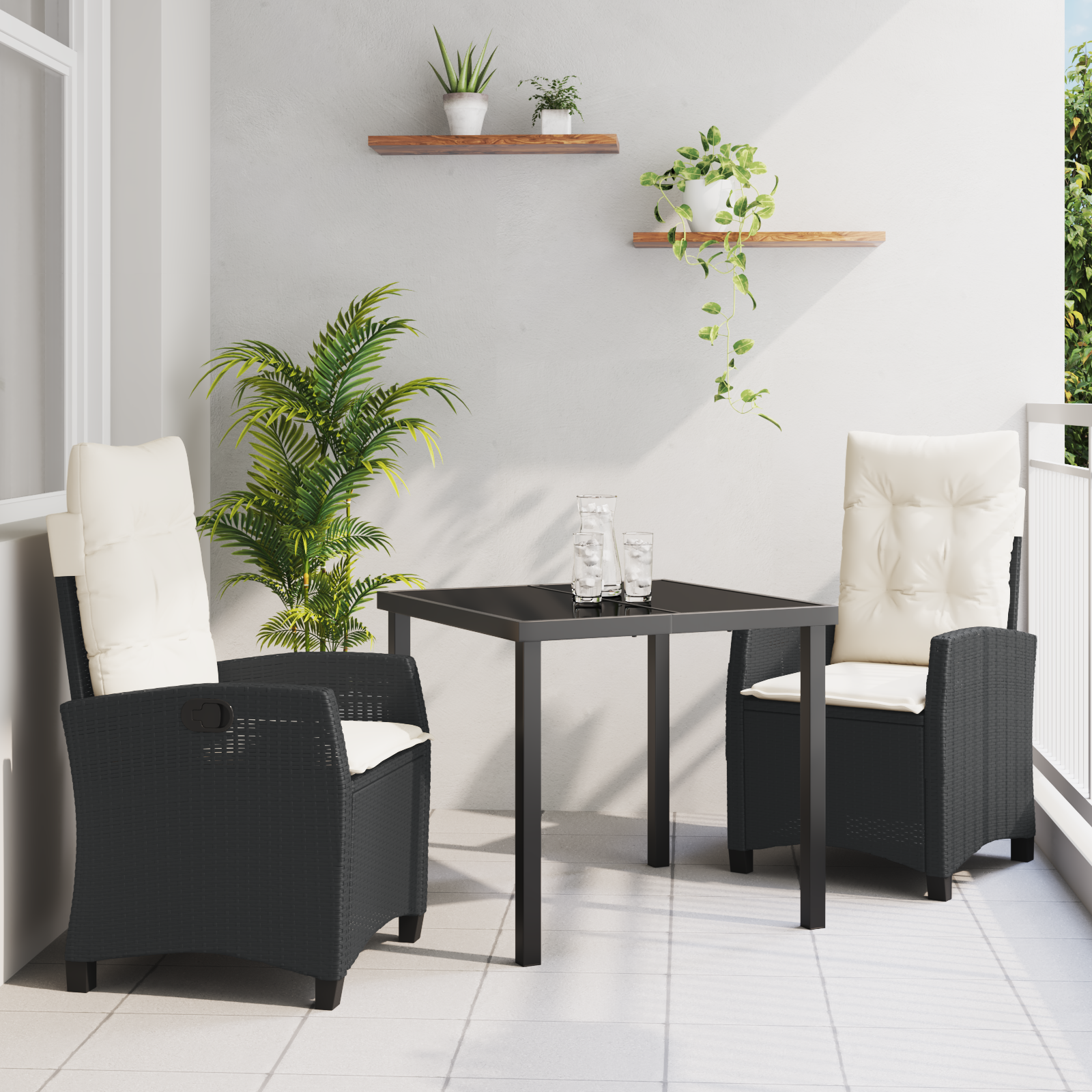 Thumbnail - vidaXL 3-teiliges Garten-Esszimmer-Set mit Kissen in Schwarz aus Poly-Rattan.